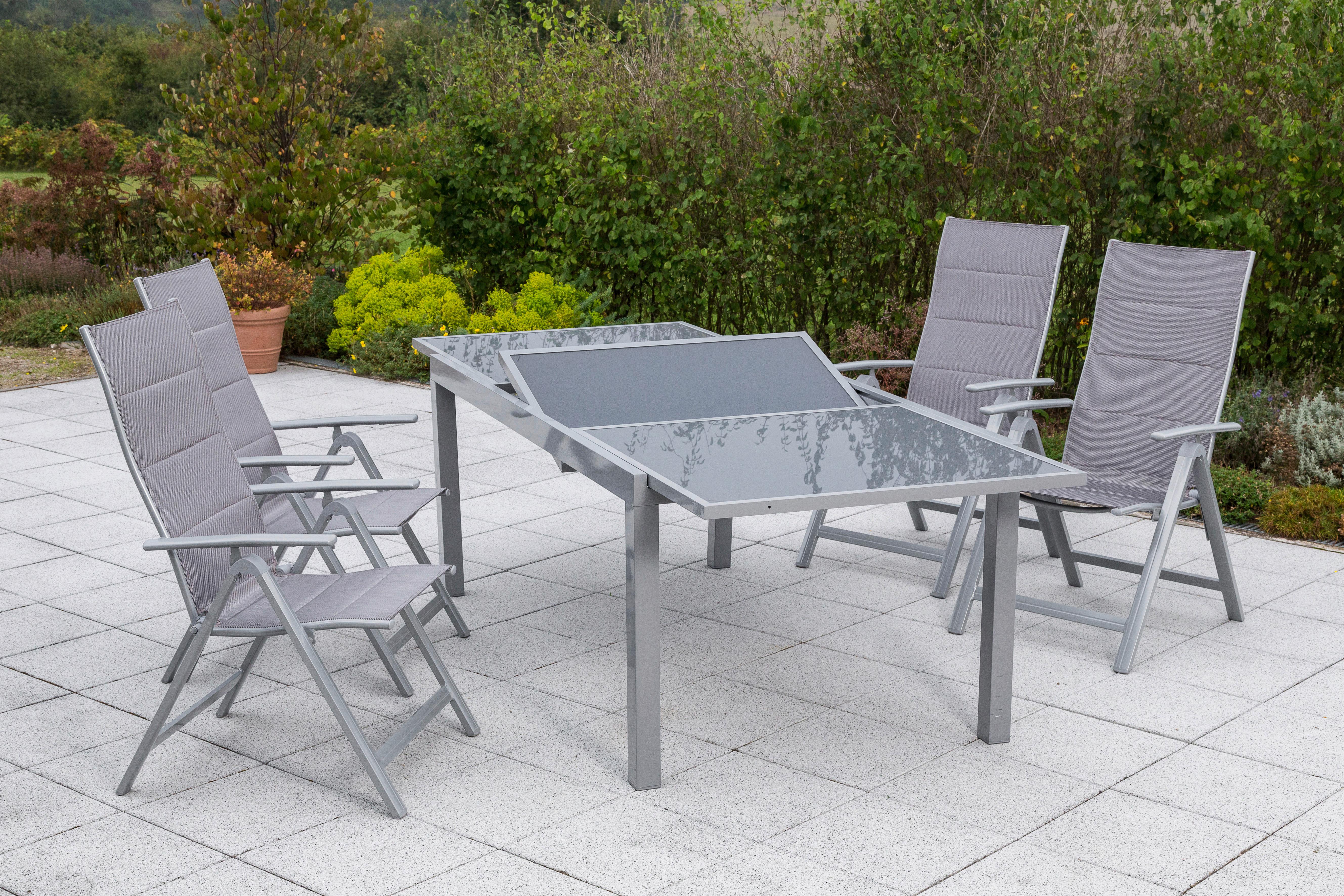 Gartentischgruppe aus Aluminium, Glas und Textil