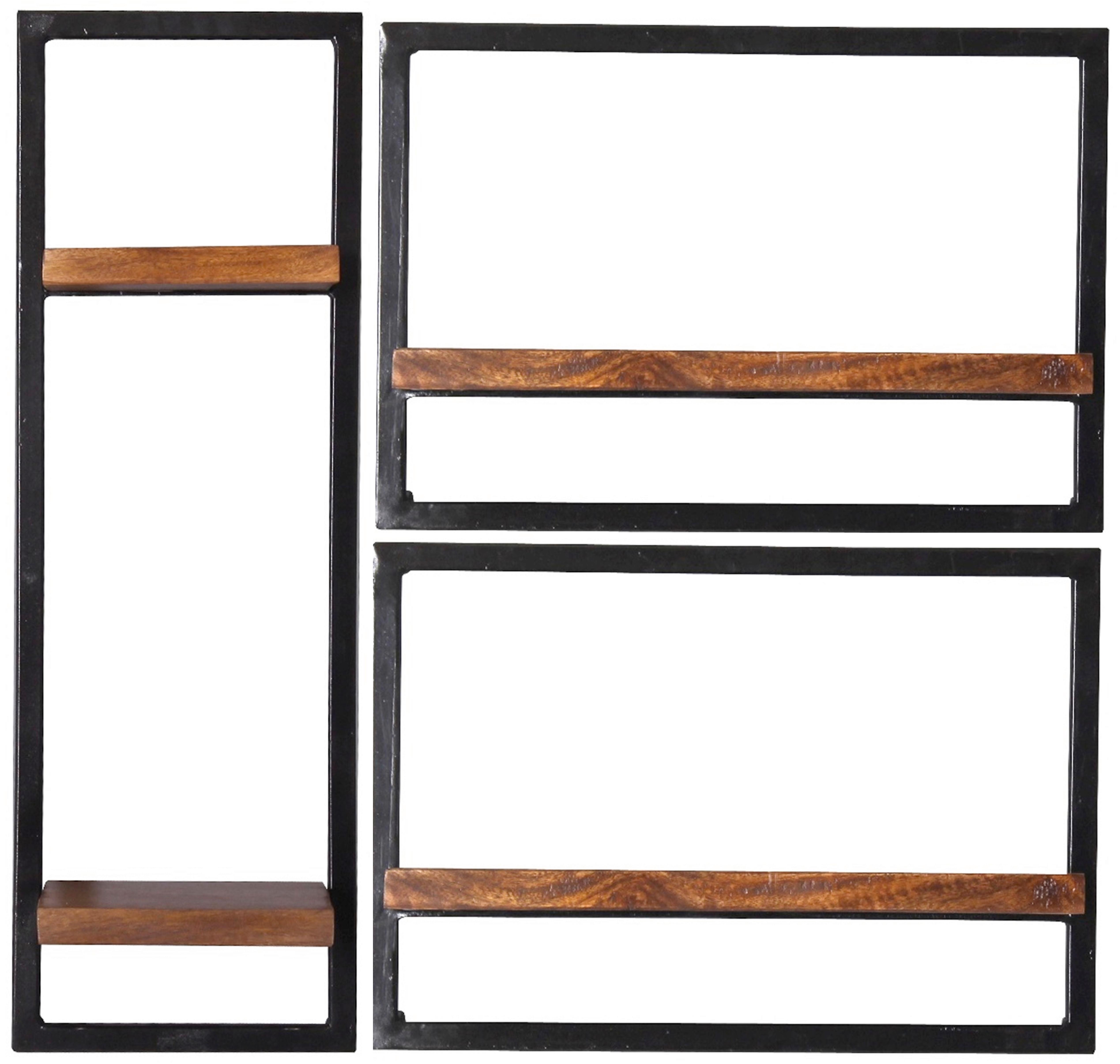 Wandregalset 3-tlg. Mangoholz B: 80cm - Schwarz/Naturfarben, Design, Holz/Metall (80/75/25cm) - MID.YOU