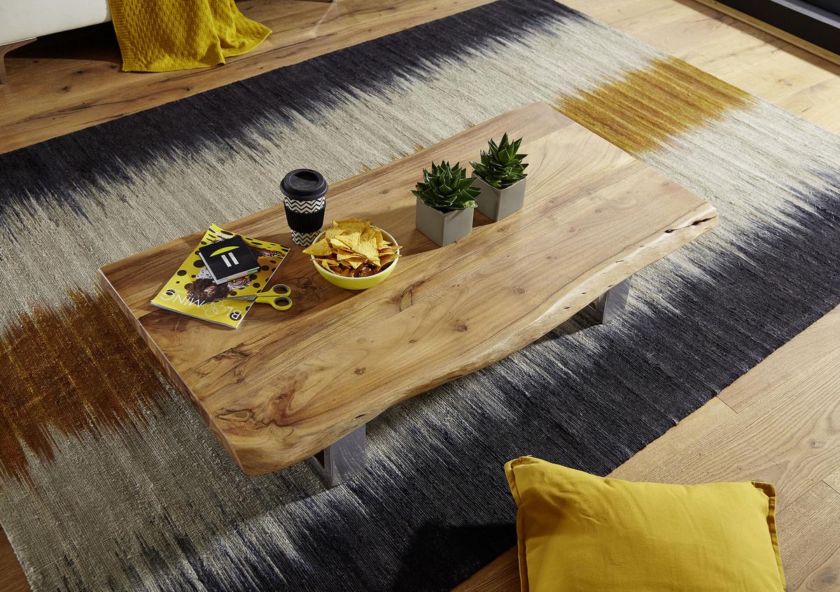 Couchtisch mit Holzplatte Asura, Akazie/Chromfarben - Chromfarben/Akaziefarben, Design, Holz/Metall (115/58/25cm) - MID.YOU