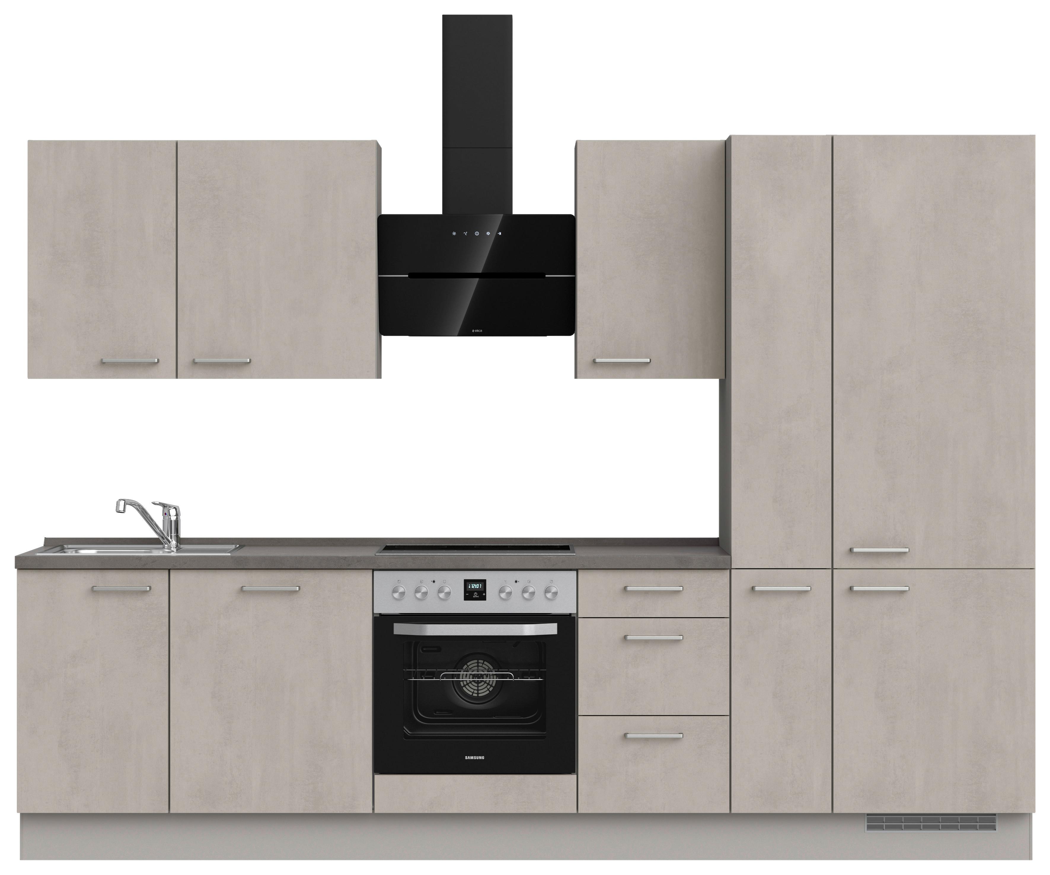 Kuchynská linka 300 cm, šedý betón/ kamenná šedá - sivá/farba ušľachtilej ocele, Modern, kov/kompozitné drevo (300cm) - Nobilia