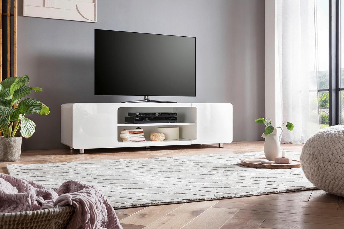 Lowboard Weiß Hochglanz B: 160cm - Weiß Hochglanz/Silberfarben, Design, Holzwerkstoff (160/45/58cm) - Livetastic