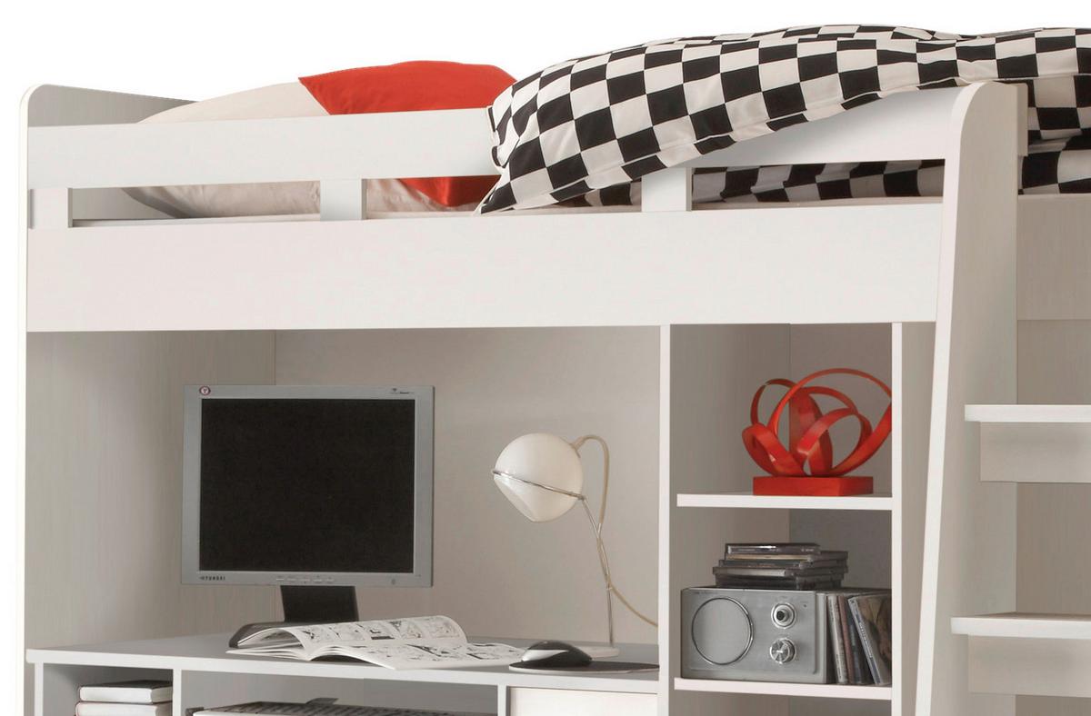 Vysoká posteľ UNIT so stolíkom a skrinkou - biela, Modern, kompozitné drevo (90/200cm) - MID.YOU