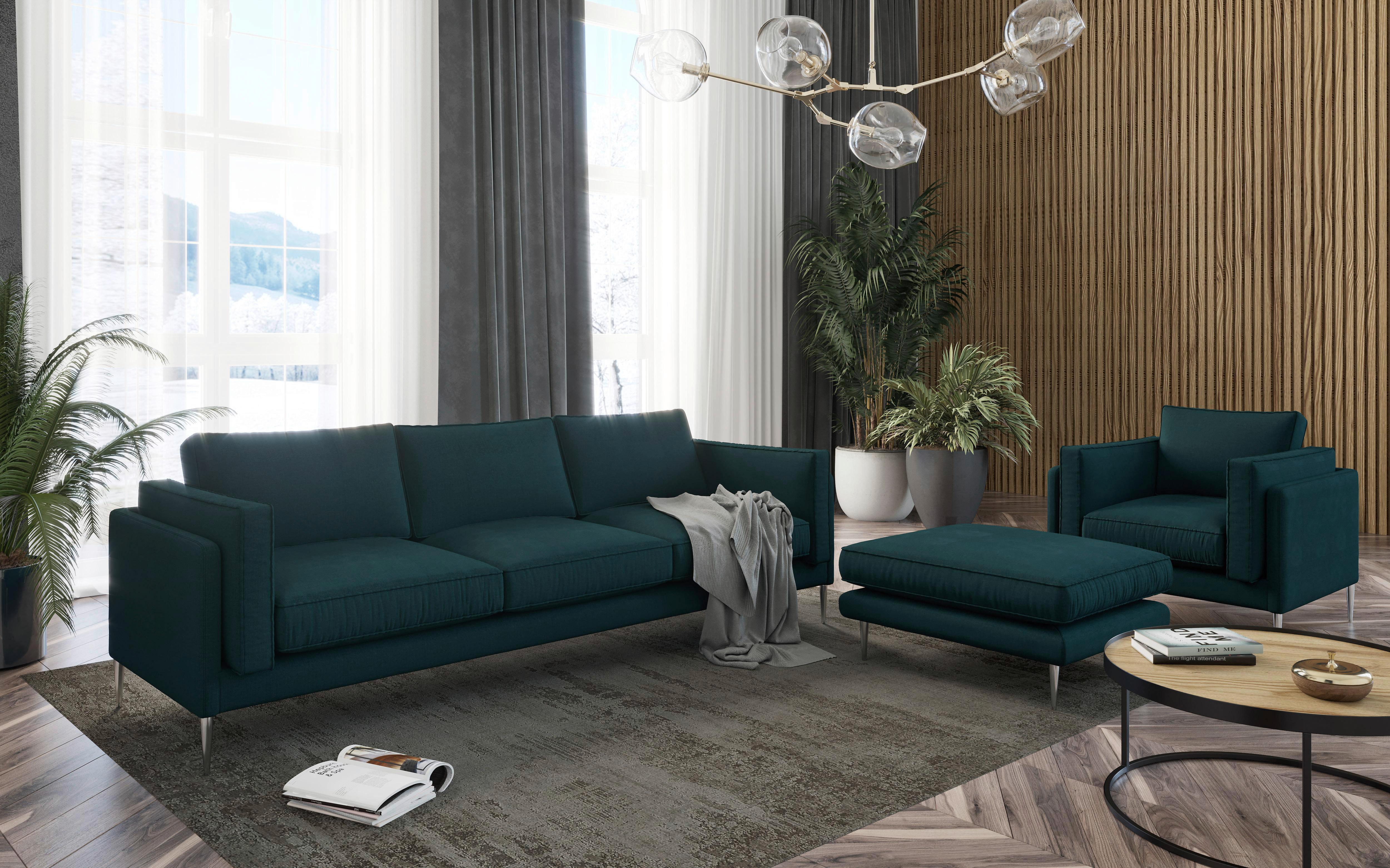Sitzgarnitur Austin - Dunkelgrün/Edelstahlfarben, Design, Textil - Livetastic