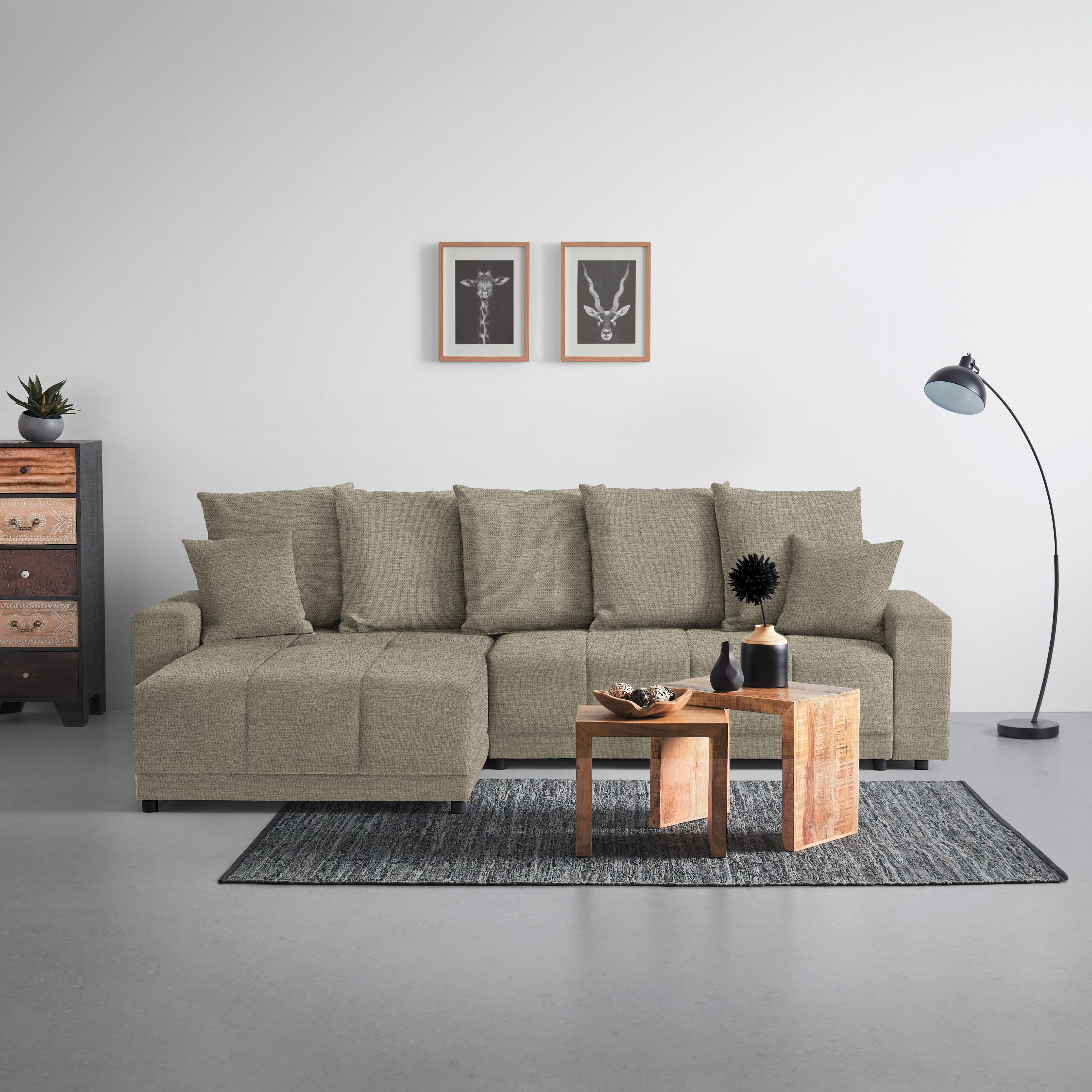 Rohová sedačka ALATRI, oboustr.,šedobéžová,s polštáři - černá/zelená, Moderní, textil/plast (289/90/176cm) - Based