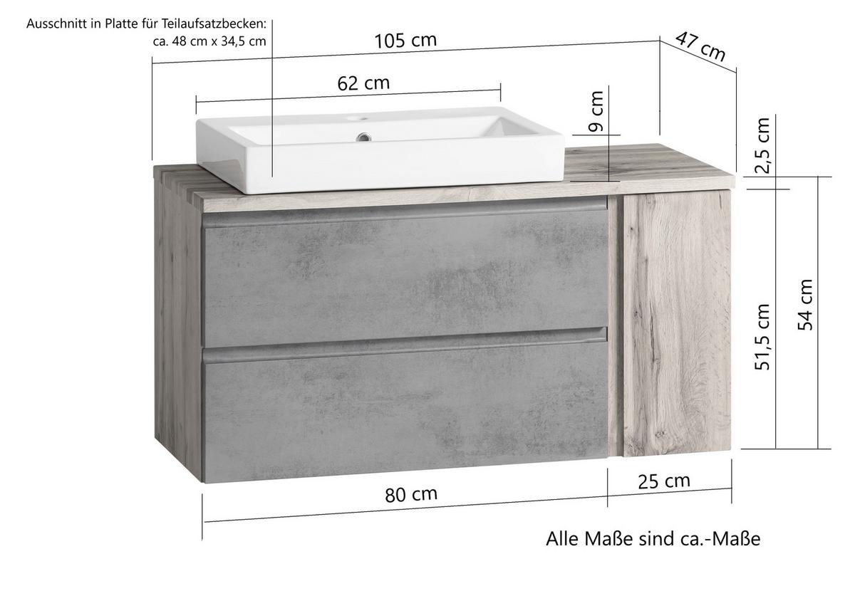 Waschbecken Mit Unterschrank Varese B: 105 Cm Grau - Eiche Wotan/Weiß, MODERN, Keramik/Holzwerkstoff (105cm) - Held