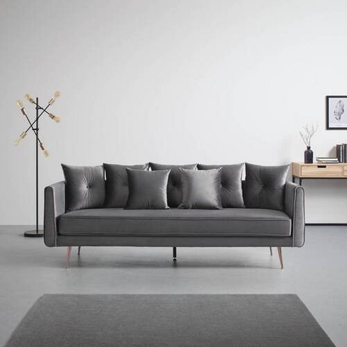 Veľká pohovka LUIS, sivý zamat - sivá/ružové zlato, Modern, kov/drevo (225/87/87cm) - Bessagi Home