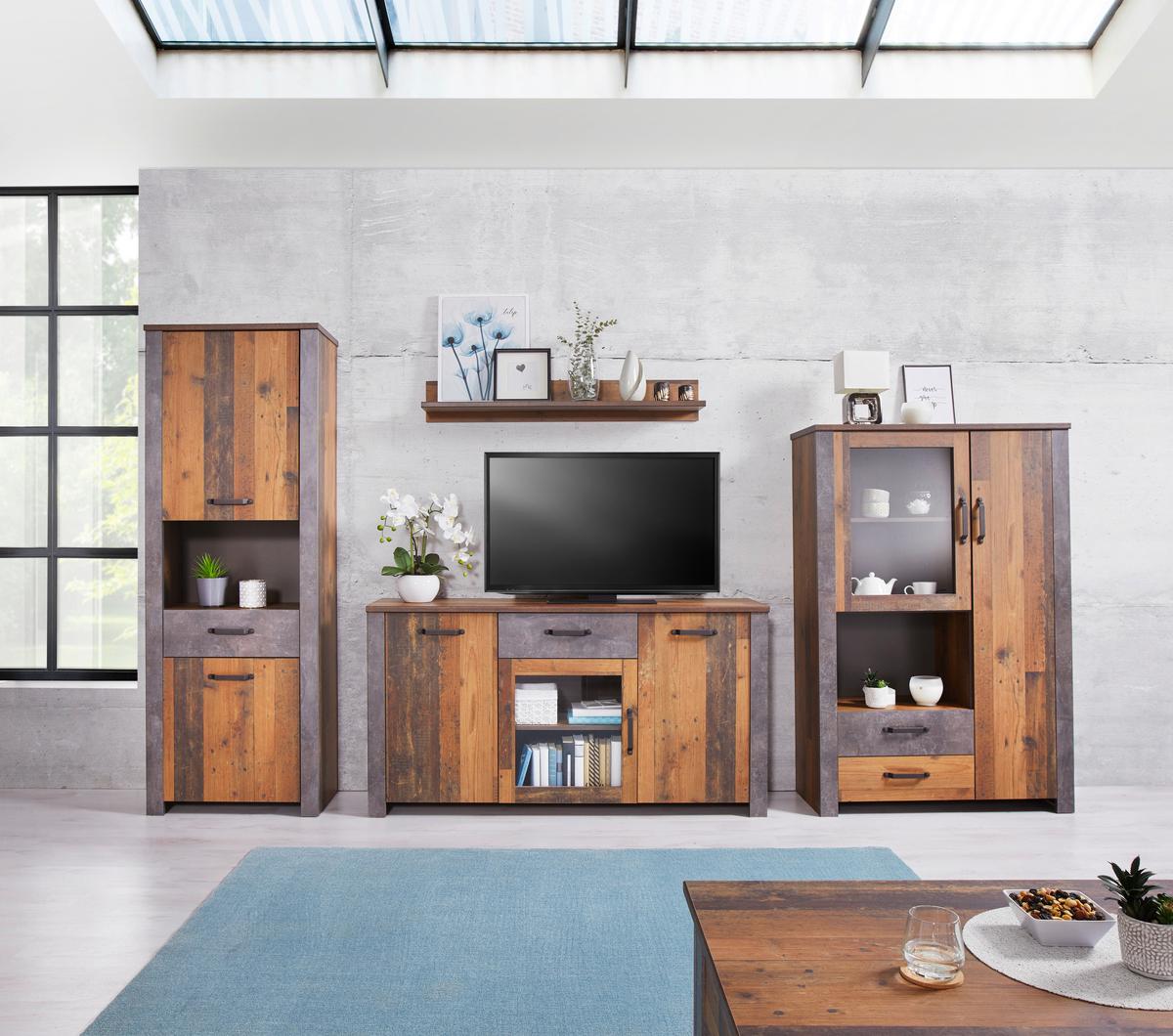 Sideboard Mit Glaselement B: 162 Cm Ontario, Old Style - Dunkelgrau/Eichefarben, Trend, Glas/Holzwerkstoff (162/86/41,5cm) - Ondega