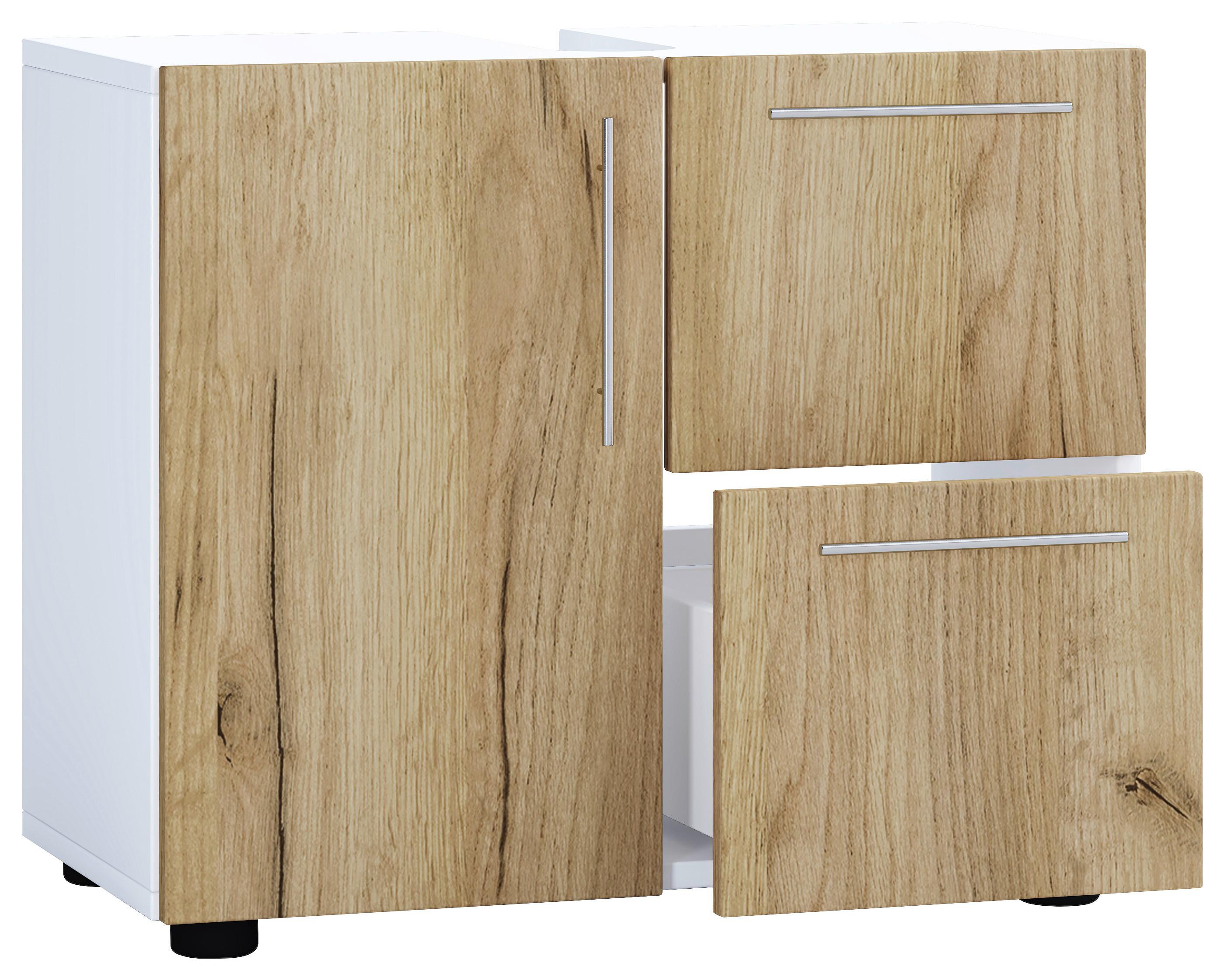 Waschbeckenunterschrank Flandu B: 61 cm, Weiß - Honigeiche/Schwarz, MODERN, Holzwerkstoff (61/51/32cm) - MID.YOU