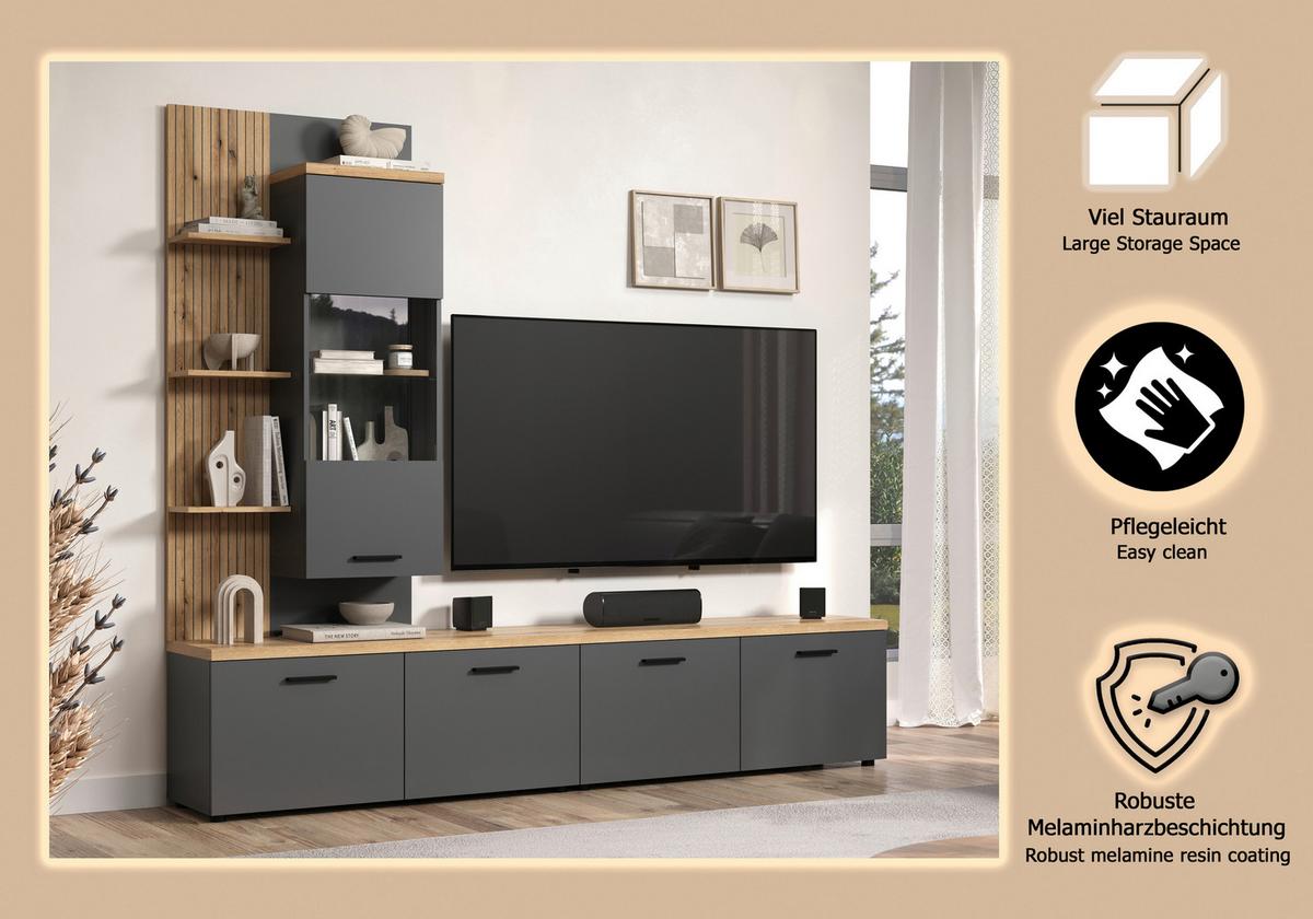 Wohnwand Baggio Anthrazit/Eiche B: 240cm - Eichefarben/Anthrazit, Design, Glas/Holzwerkstoff (240/212/40cm) - MID.YOU