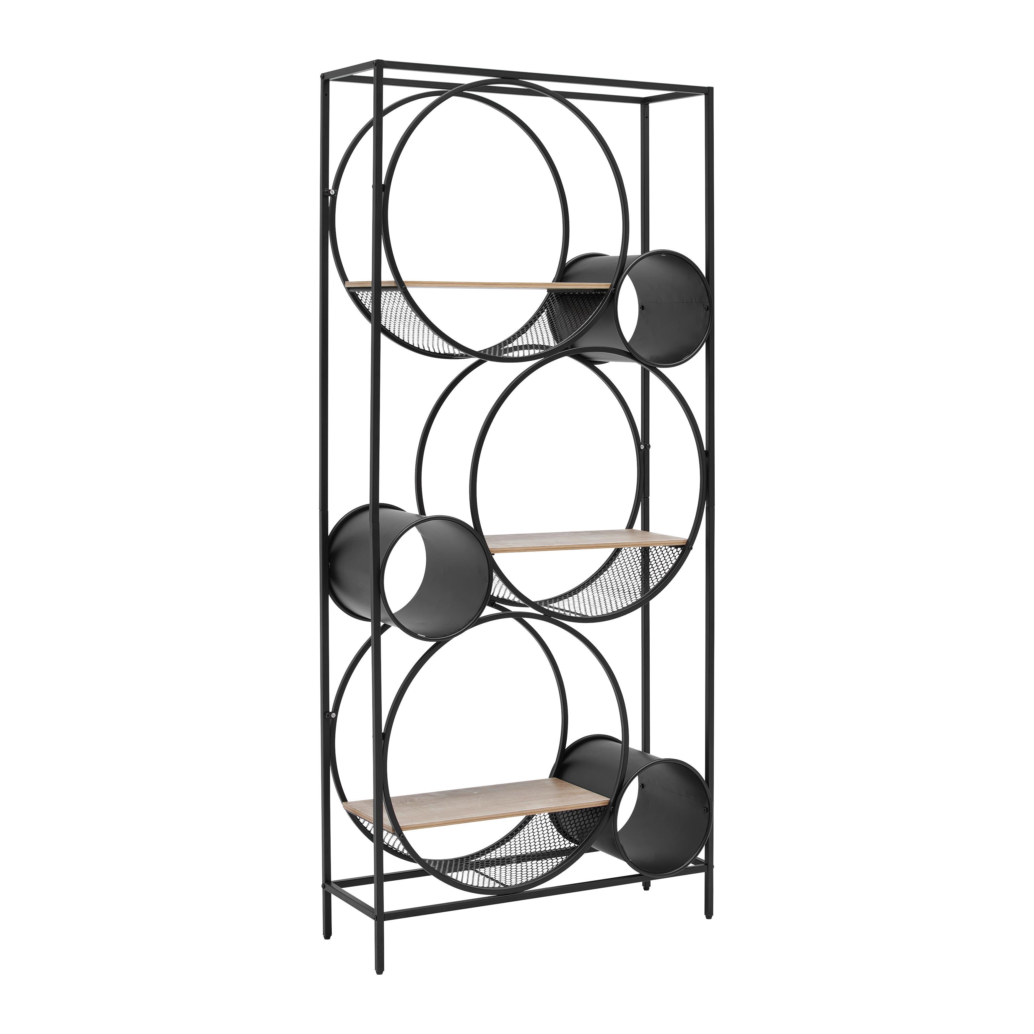 Regál CIRCLE čierna/prírodná - čierna/prírodná farba, Modern, kov/kompozitné drevo (84/186/30cm) - Premium Living