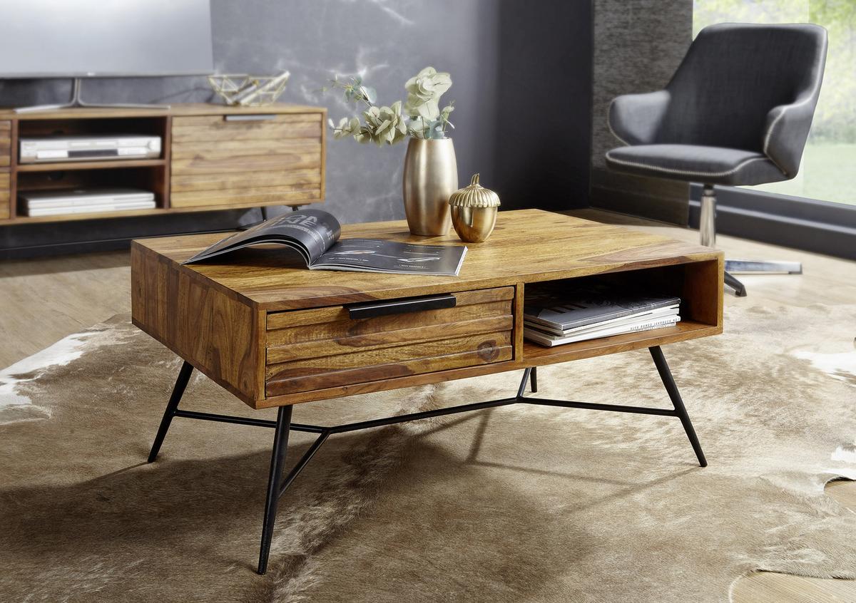 Couchtisch Holz Mit Schublade + Fach Nishan, Sheesham - Sheeshamfarben/Schwarz, Design, Holz/Metall (87/41/55cm) - MID.YOU