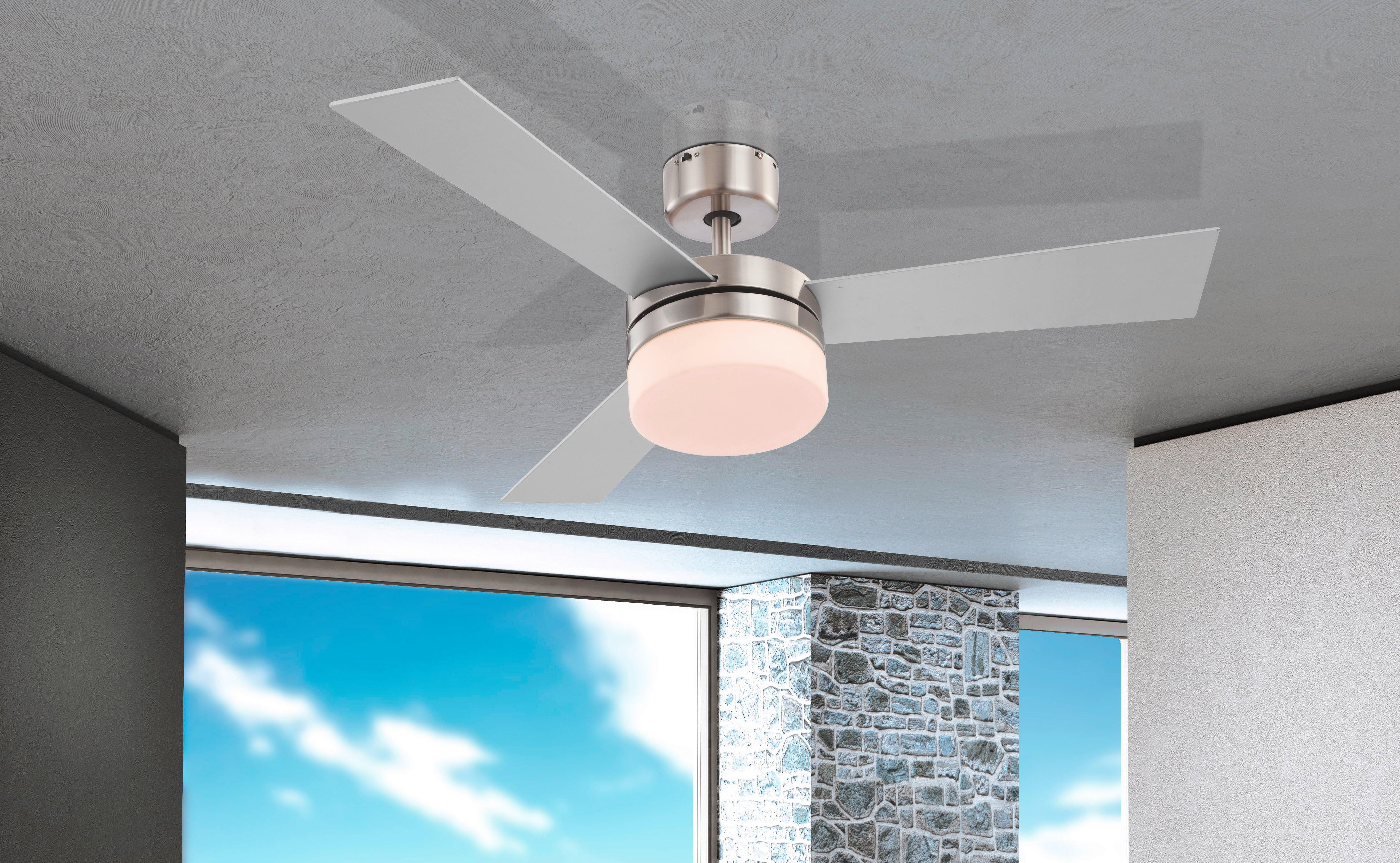 Deckenventilator Andreas Silber 3 Flügel, LED-Leuchte - Silberfarben/Braun, KONVENTIONELL, Glas/Holz (105/30,5cm) - Globo