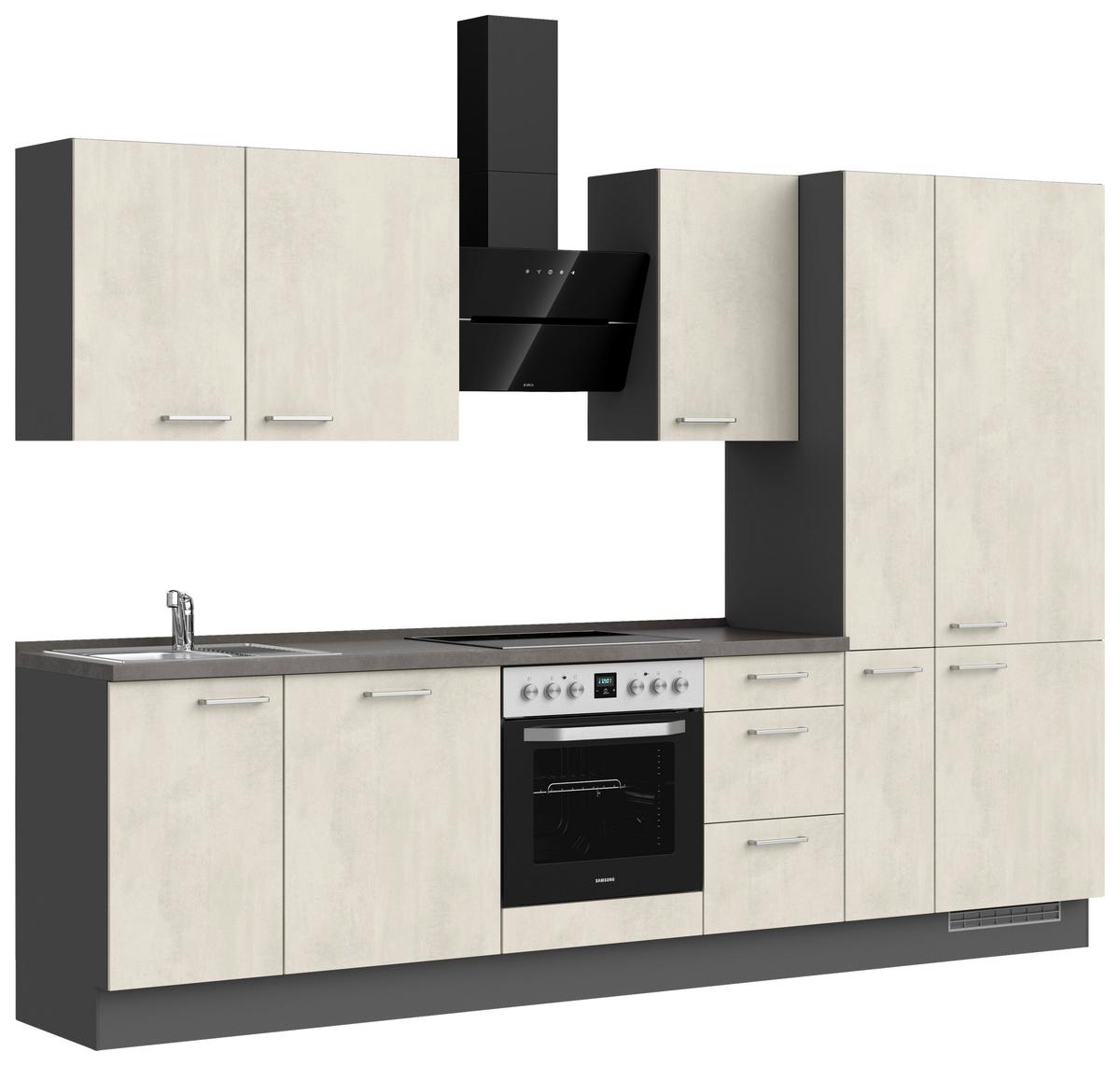 Kuchynská linka 300 cm, biely betón/ bridlicová šedá - biela/farba ušľachtilej ocele, Modern, kov/kompozitné drevo (300cm) - Nobilia