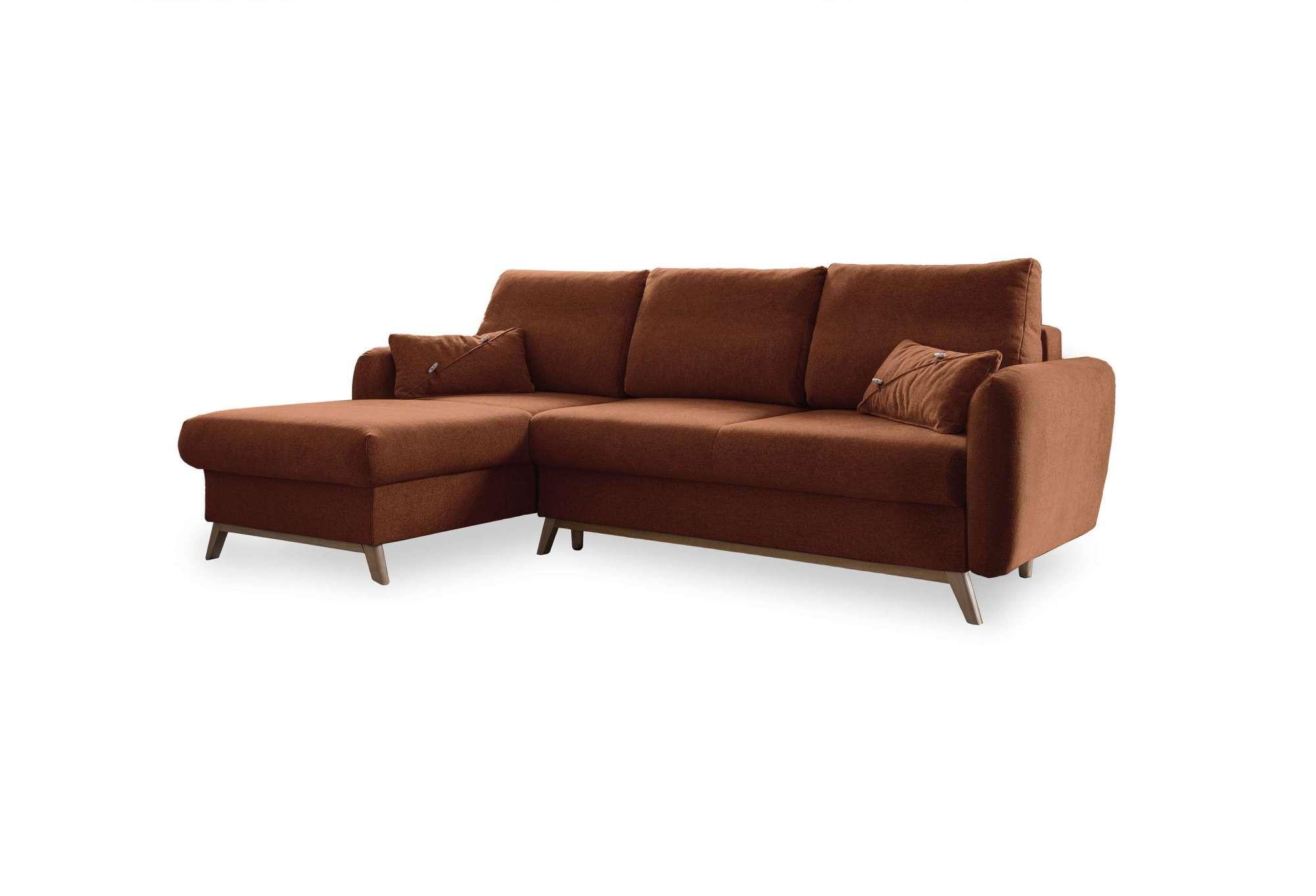 Sedačka LUCILE S, levá, cihlová, úl.prostor a lůžko - terracotta/přírodní barvy, dřevo/textil (157/235cm) - MID.YOU