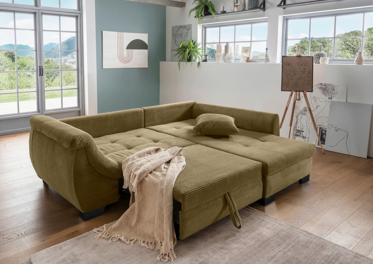 Ecksofa mit Schlaffunktion Flora Olivgrün Cord - Schwarz/Olivgrün, Design, Textil (250/190cm) - MID.YOU