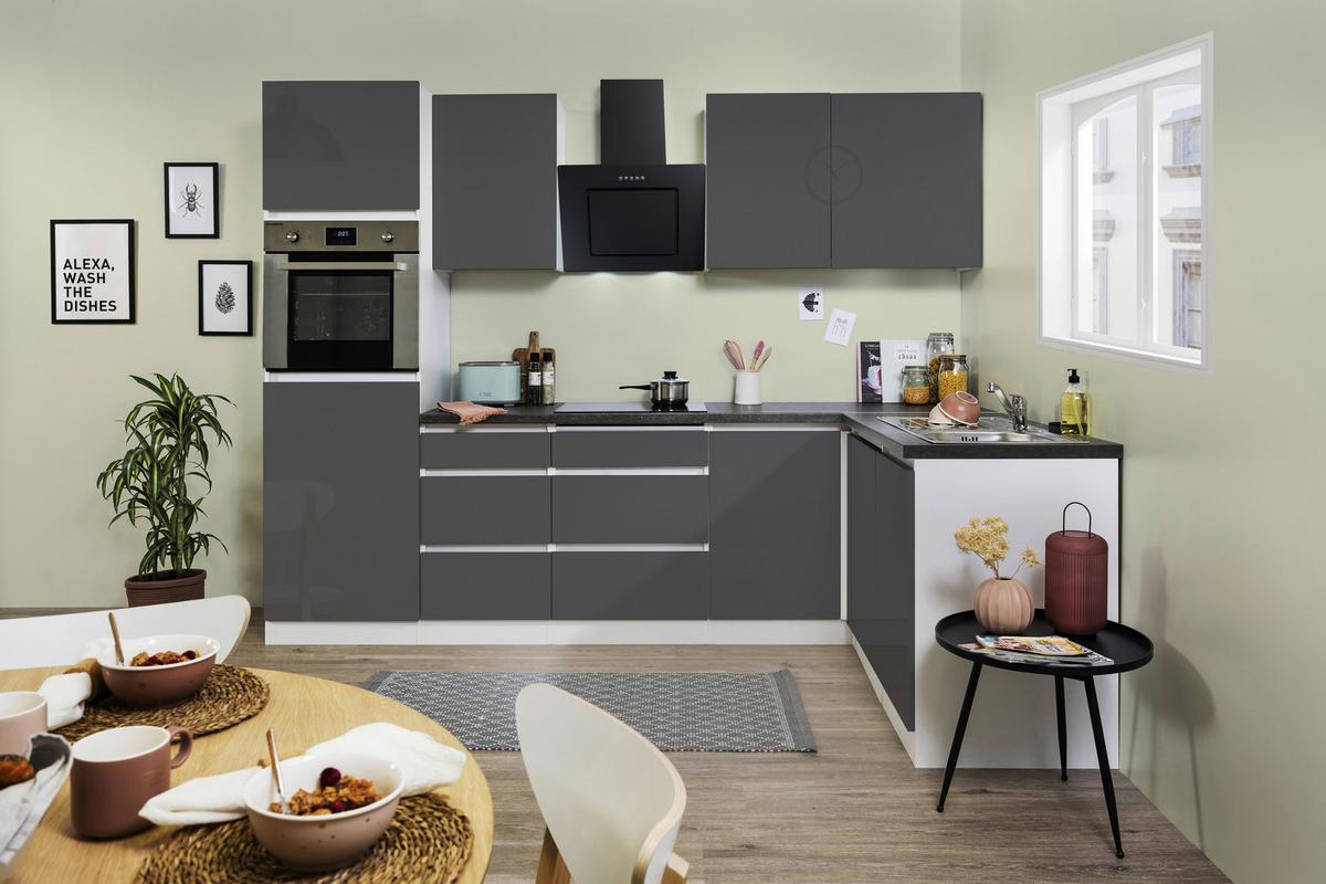 Küchenzeile Premium M. Geräten 280 Cm Weiß/grau Modern - Grau Hochglanz/Weiß, MODERN, Holzwerkstoff (280/172cm) - Respekta