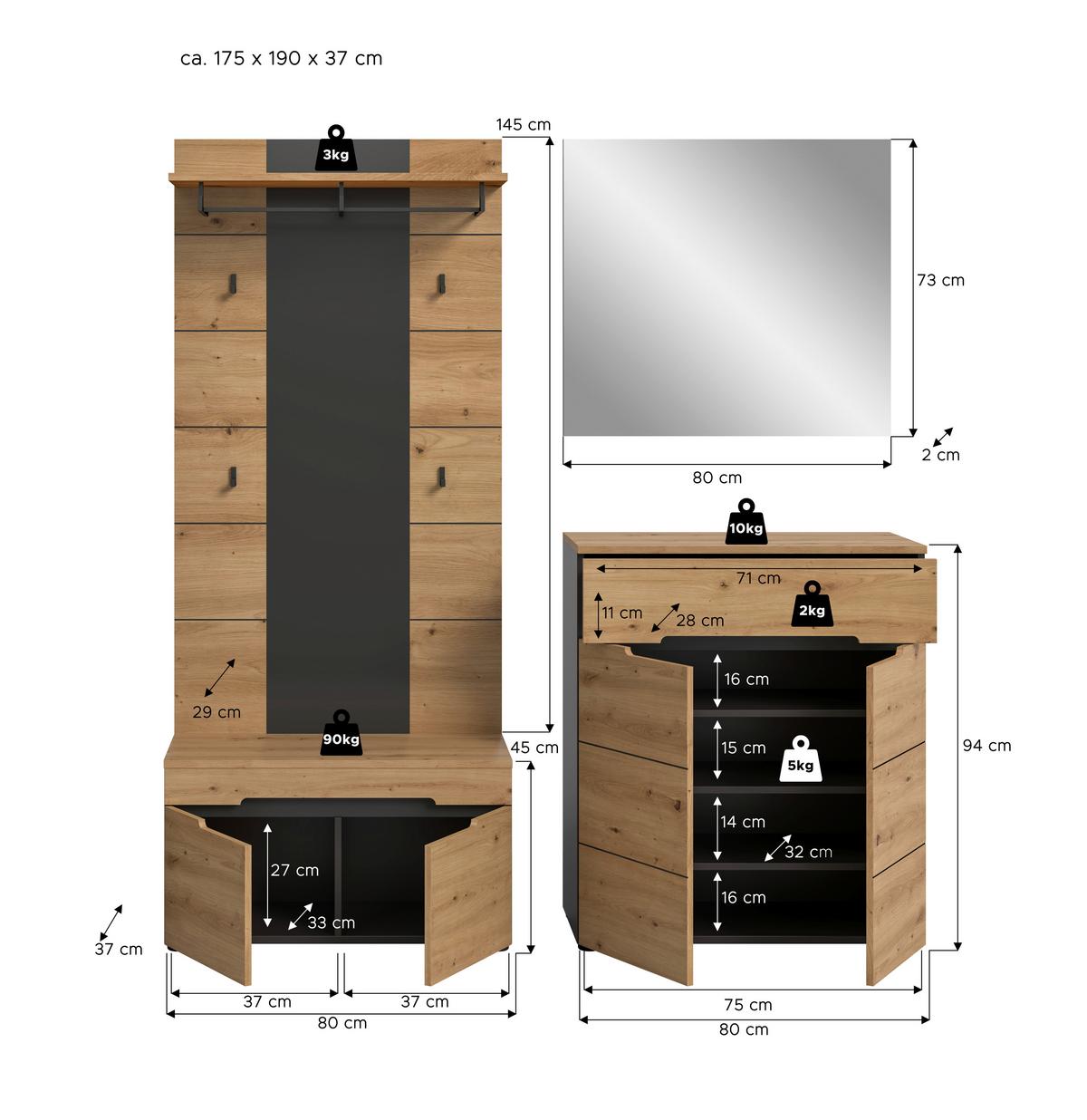 Garderobe Canu 4-Teilig Eiche Artisan/Grau B: 175 cm - Eiche Artisan, Design, Holzwerkstoff (175/190/37cm) - Livetastic