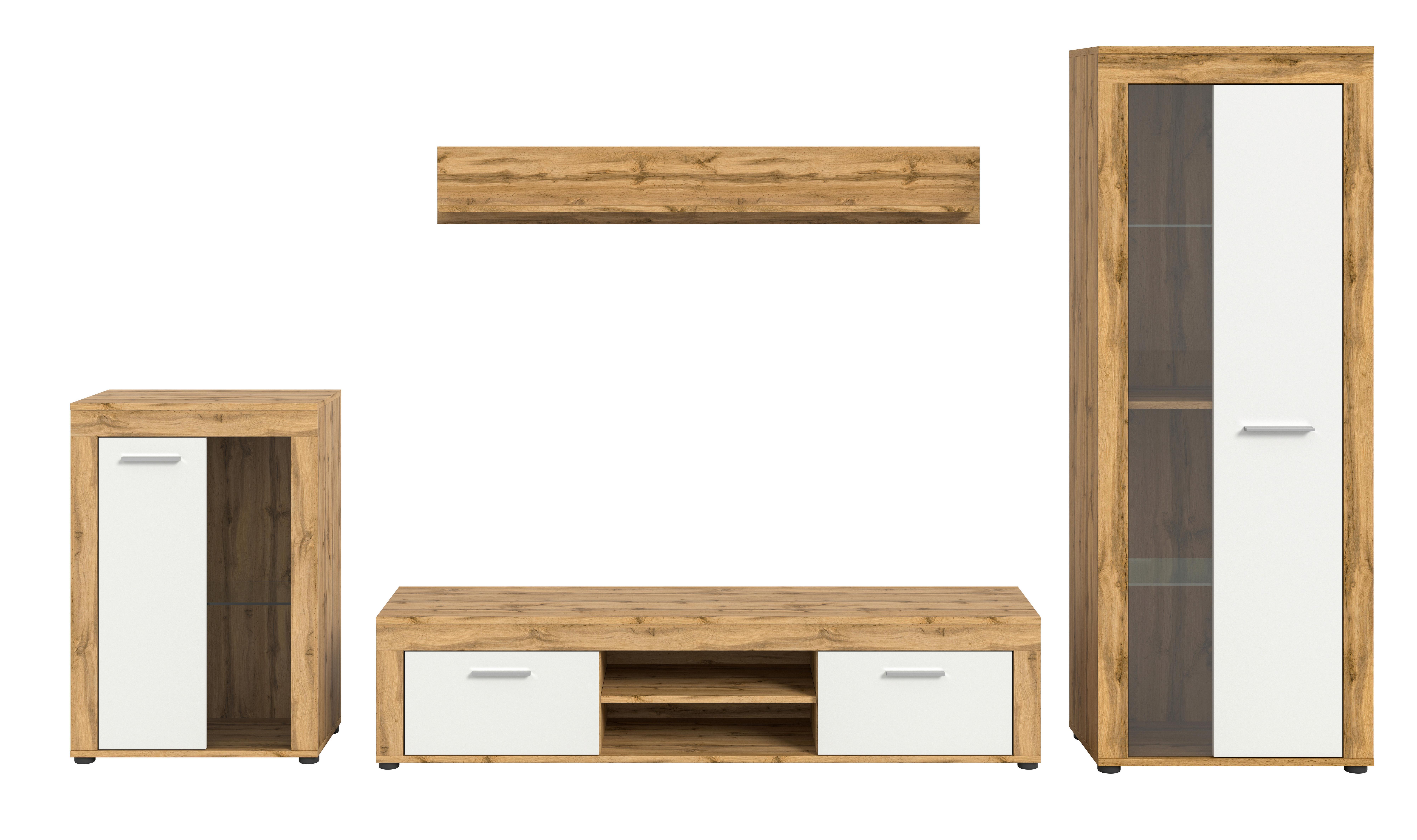 Wohnwand Jam Eiche Wotan Dekor B: 310cm - Eiche Wotan/Schwarz, Design, Glas/Holzwerkstoff (310/169/35cm) - MID.YOU