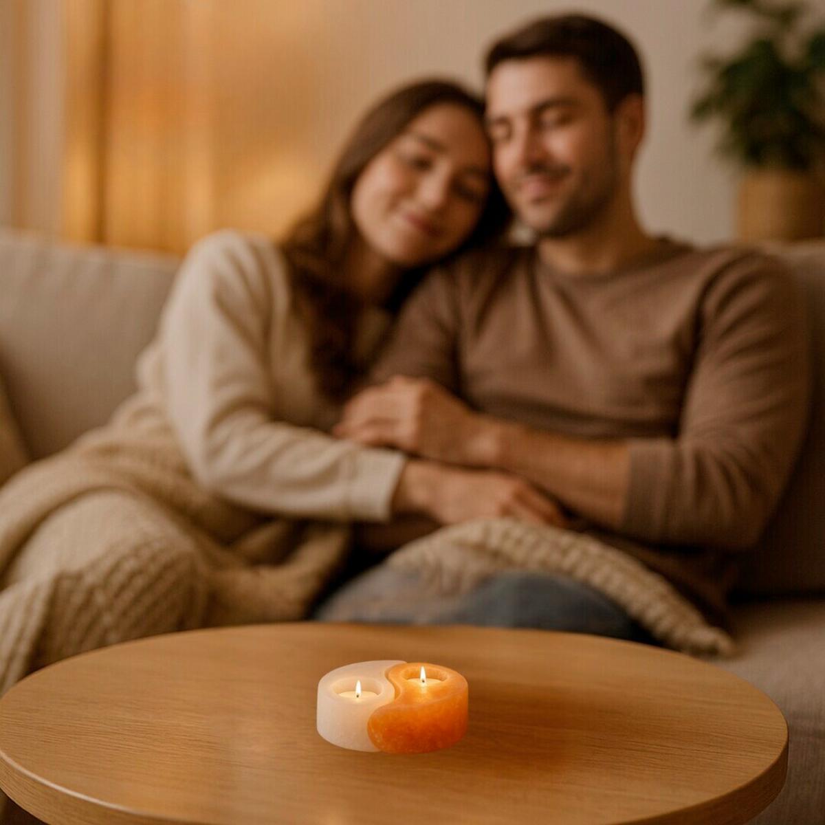 Stojan na sviečku SOLUNA - oranžová/biela, Natur, kameň (12cm)