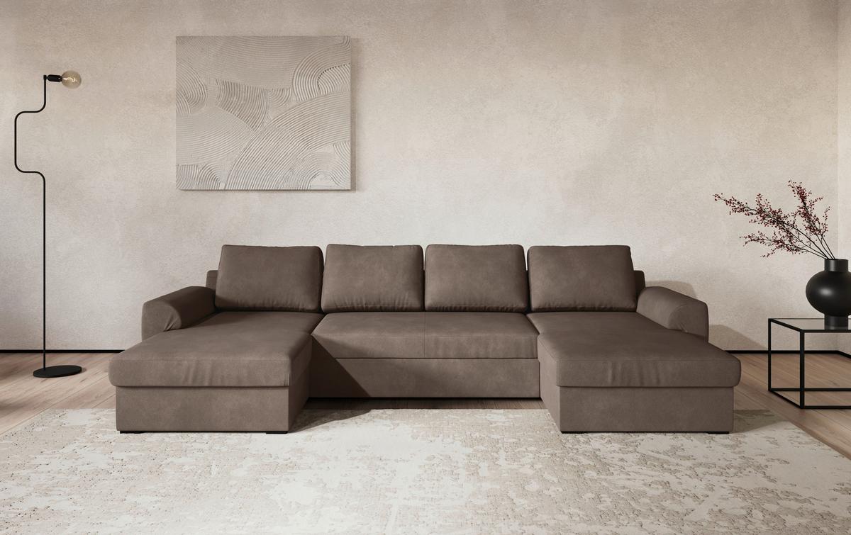 Wohnlandschaft m. Bettfunktion Mikrofaser taupe, B: 327cm - Taupe/Schwarz, Trend, Textil (154/327/86cm) - MID.YOU