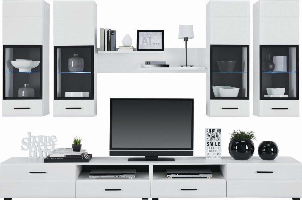 Wohnwand 7 Tlg. Mit Led Attac, Weiß - Schwarz/Weiß, MODERN, Glas/Holz (280/190/45cm) - MID.YOU