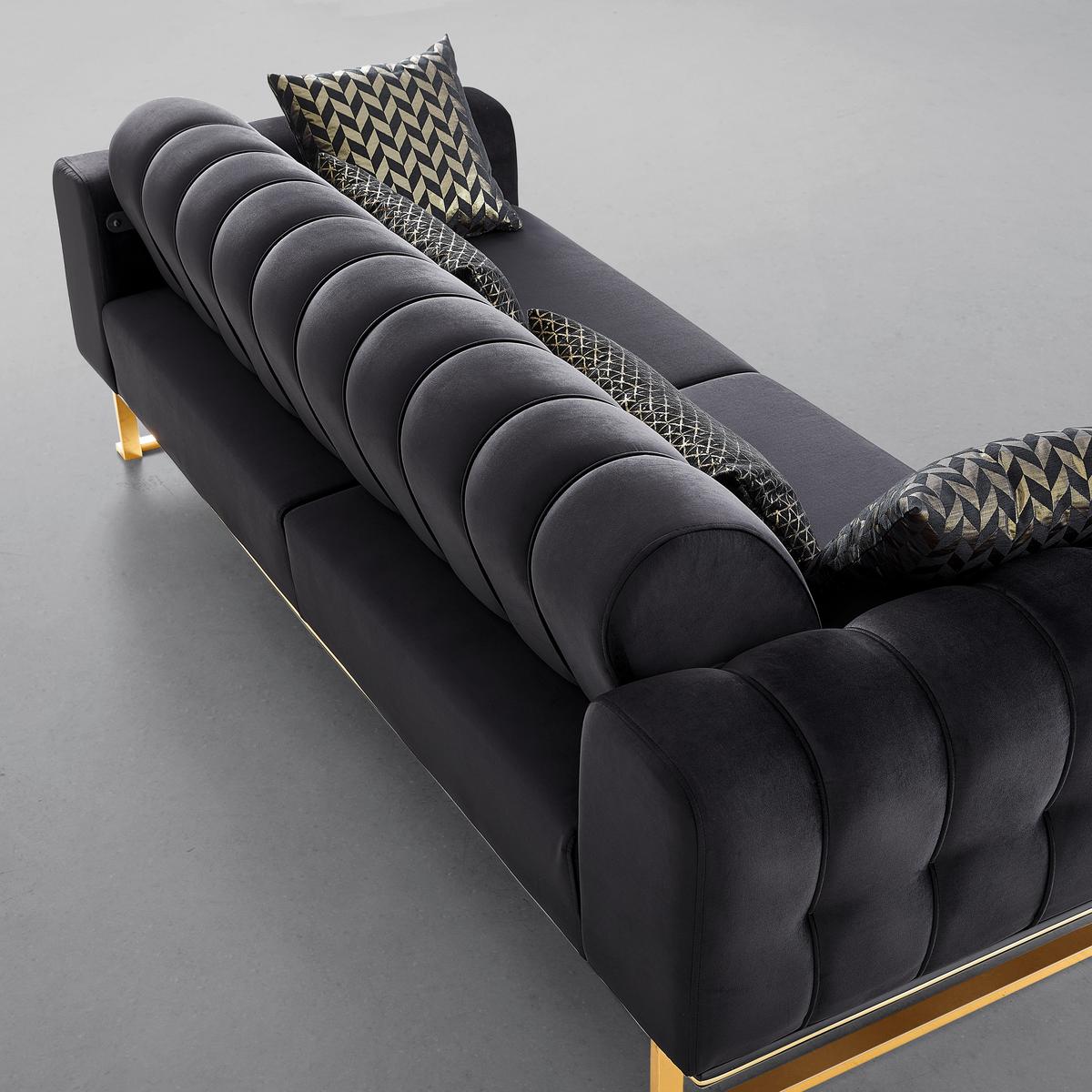 Trojmiestna pohovka AILE, čierny zamat, s vankúšmi - čierna/zlatá, Lifestyle, textil (244/80/90cm) - Mömax