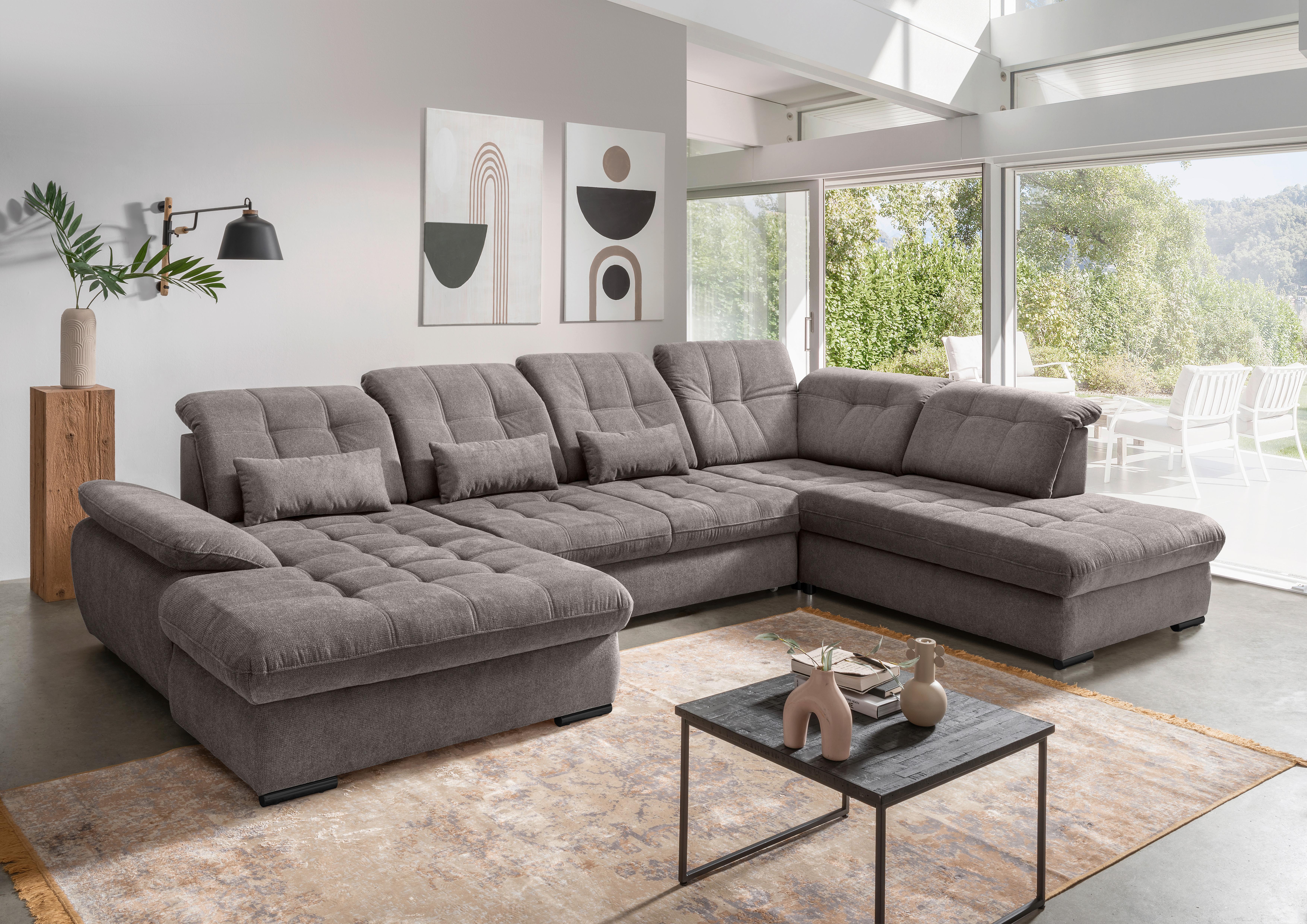 Wohnlandschaft mit Bettkasten Rigatti Graubraun B: 387 cm - Graubraun/Schwarz, MODERN, Textil (184/387/252cm) - Livetastic