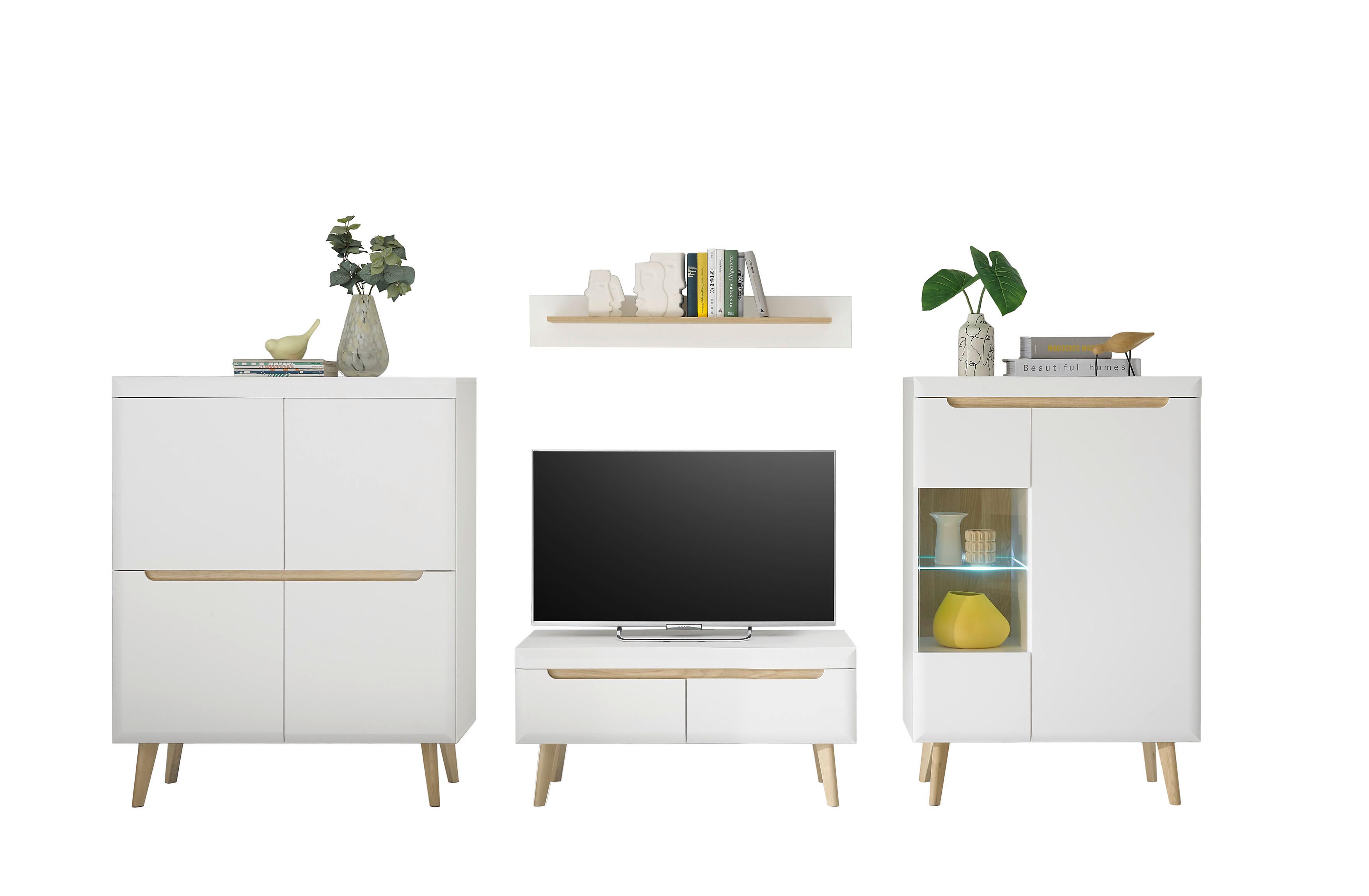 Wohnwand Svante Torge Weiß/Eichefarben B: 344cm - Eichefarben/Weiß, Design, Glas/Holzwerkstoff (344/170/40cm) - MID.YOU