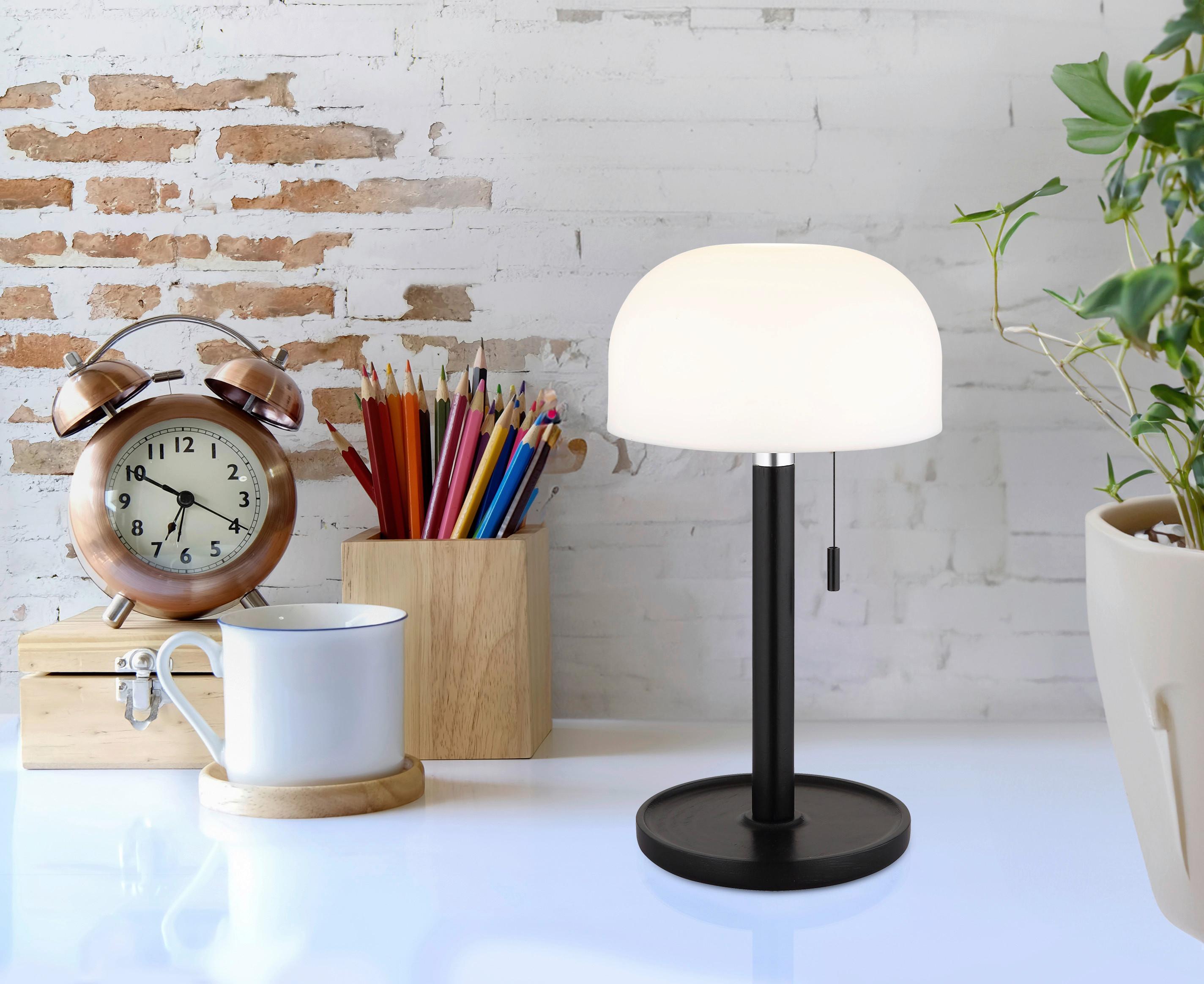 Akku-Tischleuchte 21016s Norman - Opal/Schwarz, KONVENTIONELL, Holz/Kunststoff (15/28cm) - Globo