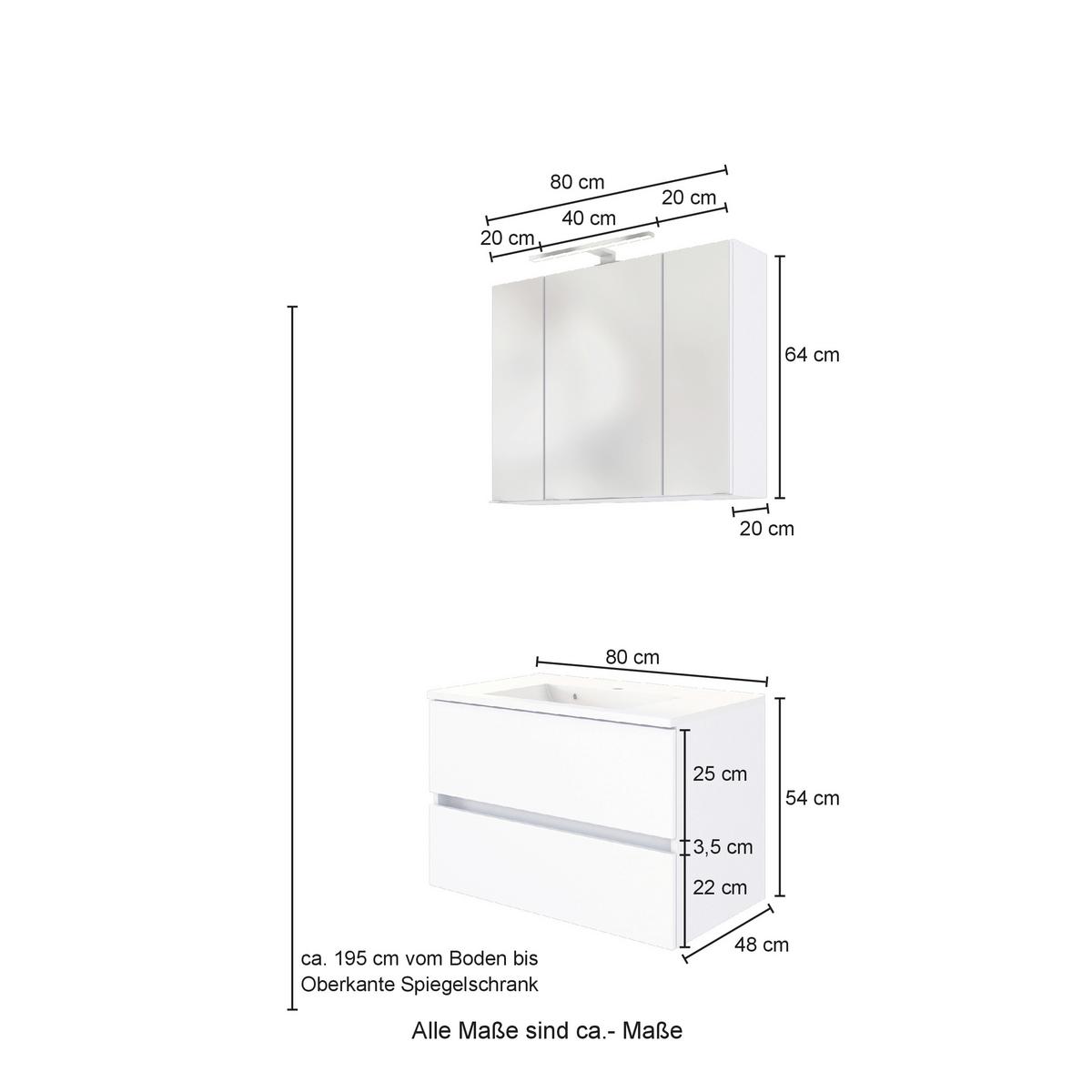 Badmöbel-Set 3-Tlg. inkl. LED Helsinki B: 80 cm, Grau/Eiche - Eichefarben/Weiß, KONVENTIONELL, Glas/Holzwerkstoff (80cm) - Held