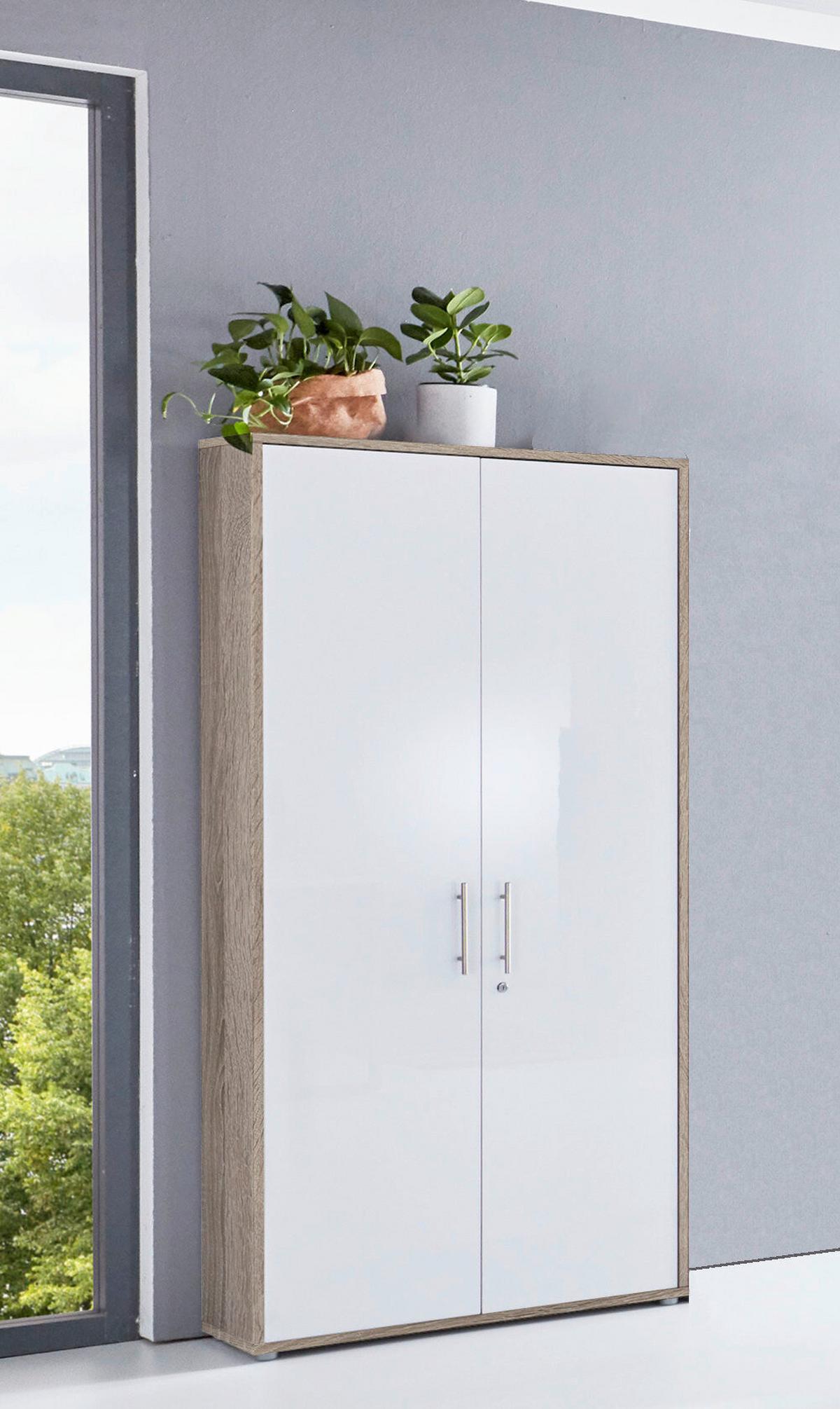 Aktenschrank Office Edition Weiß Hg/Eiche Dekor B: 84,4cm - Weiß Hochglanz/Sonoma Eiche, MODERN, Holzwerkstoff (84,4/185,6/33cm) - MID.YOU