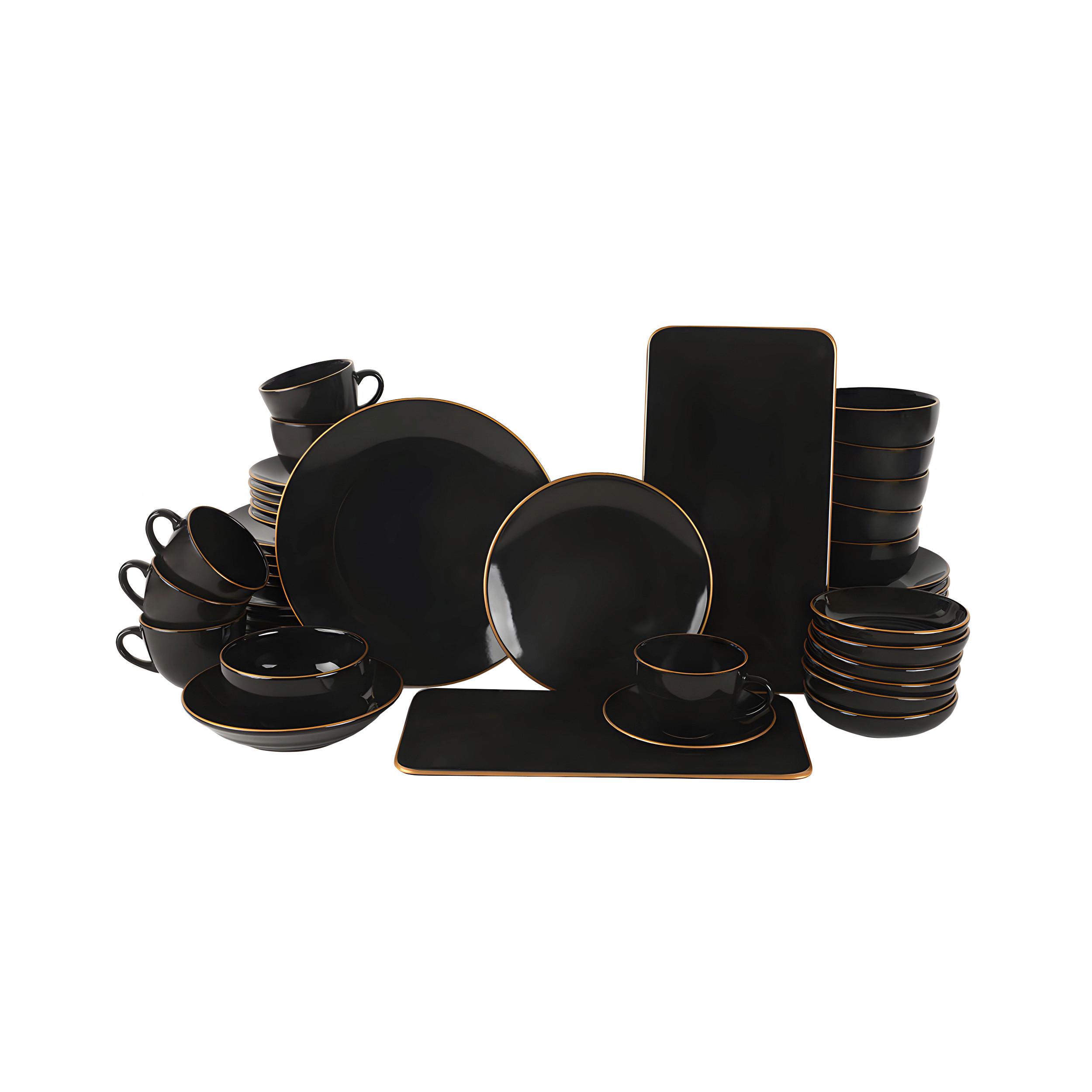 Kombiservice Porzellan, Für 6 Personen, Schwarz, Goldfarben - Goldfarben/Schwarz, Basics, Keramik (19/19/19cm) - P & B
