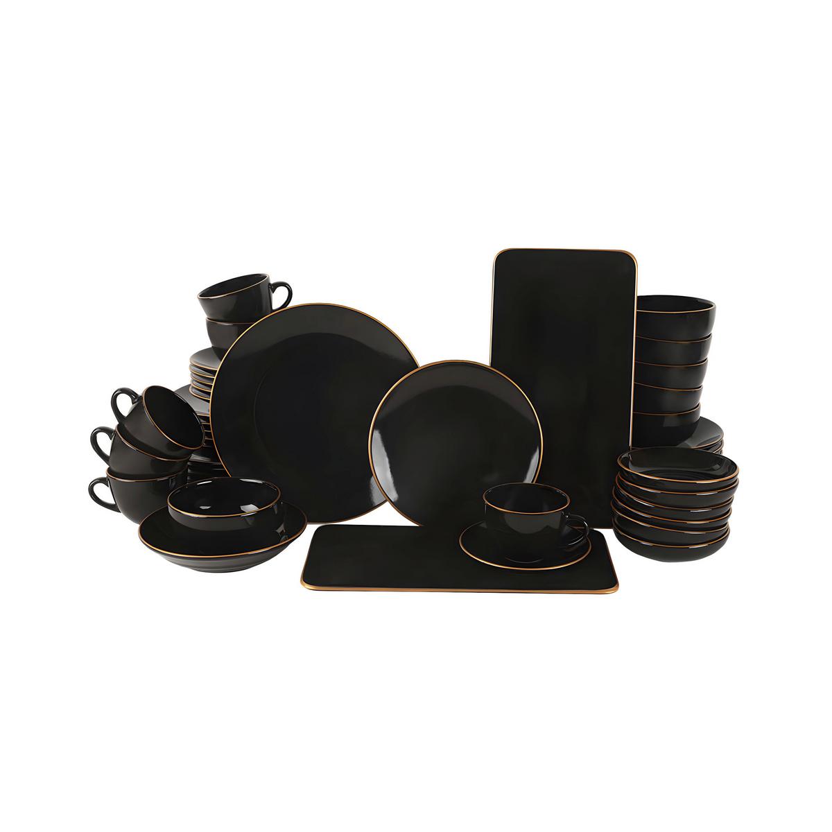 Kombiservice Porzellan, Für 6 Personen, Schwarz, Goldfarben - Goldfarben/Schwarz, Basics, Keramik (19/19/19cm) - P & B