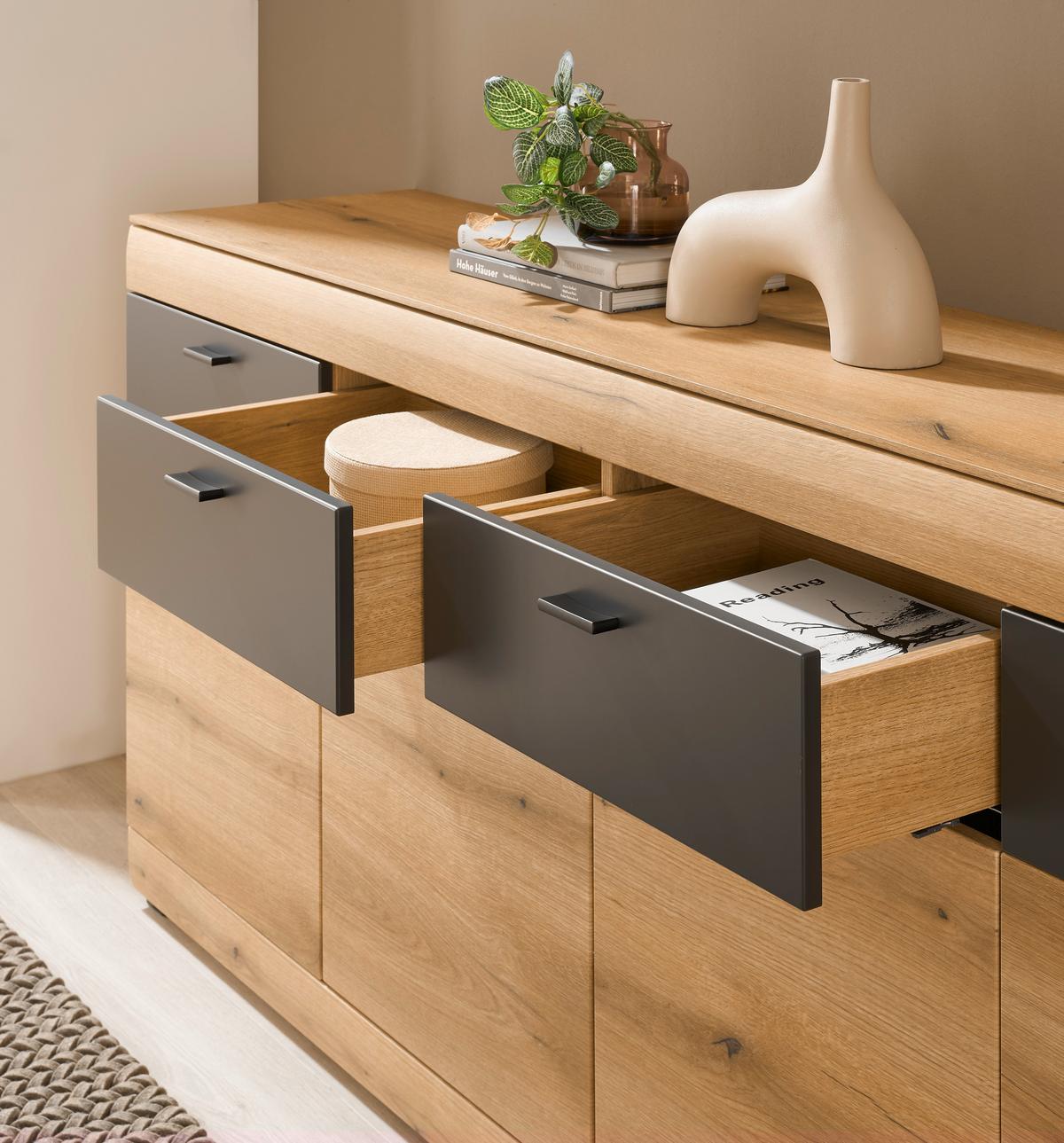 Sideboard Soleto Graphit-/Eichefarben B: 200cm - Eichefarben/Schwarz, Design, Holzwerkstoff (200/87/42cm) - MID.YOU