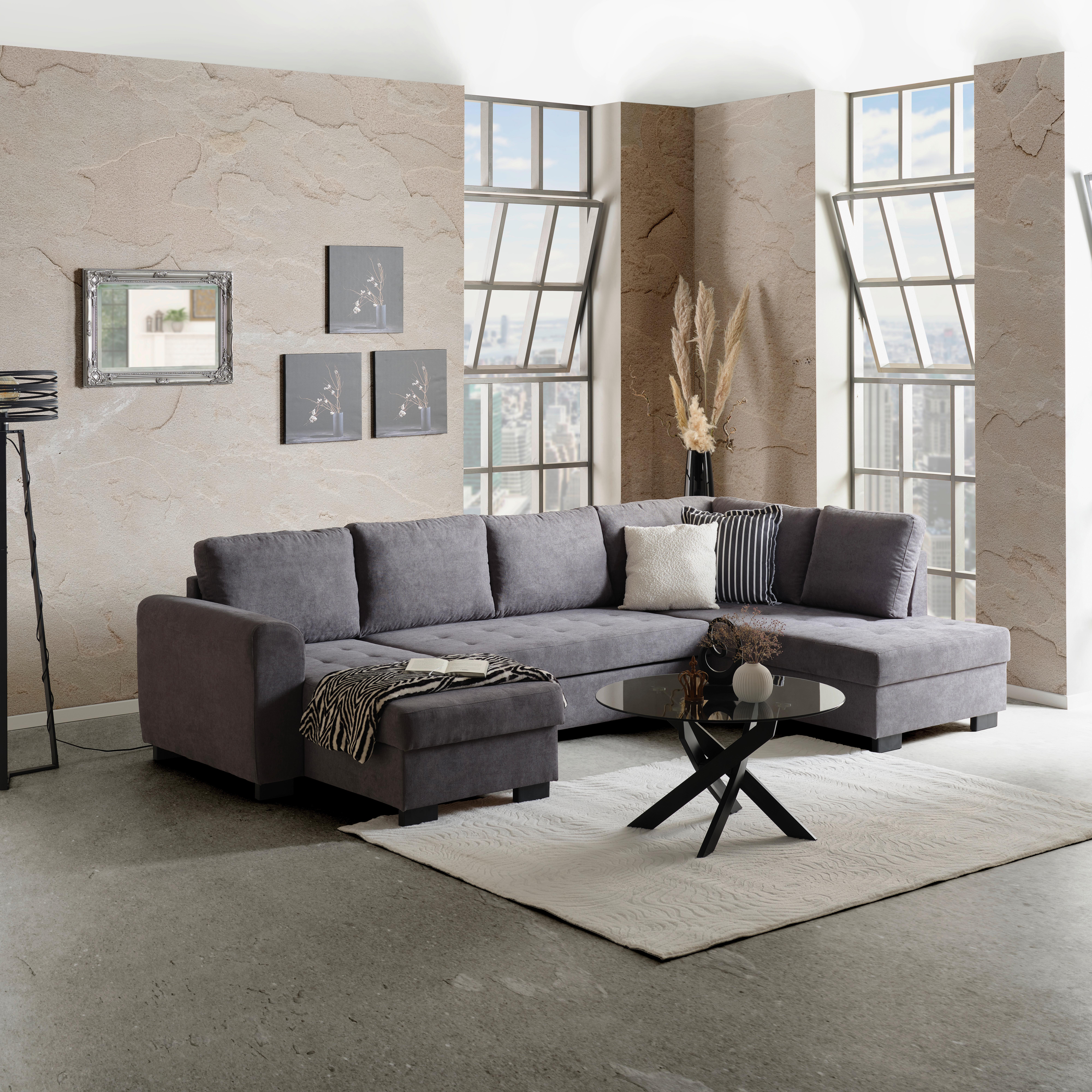 Sedací souprava U MALTE, šedá - šedá/černá, Moderní, textil/plast (155/305/178cm) - Based