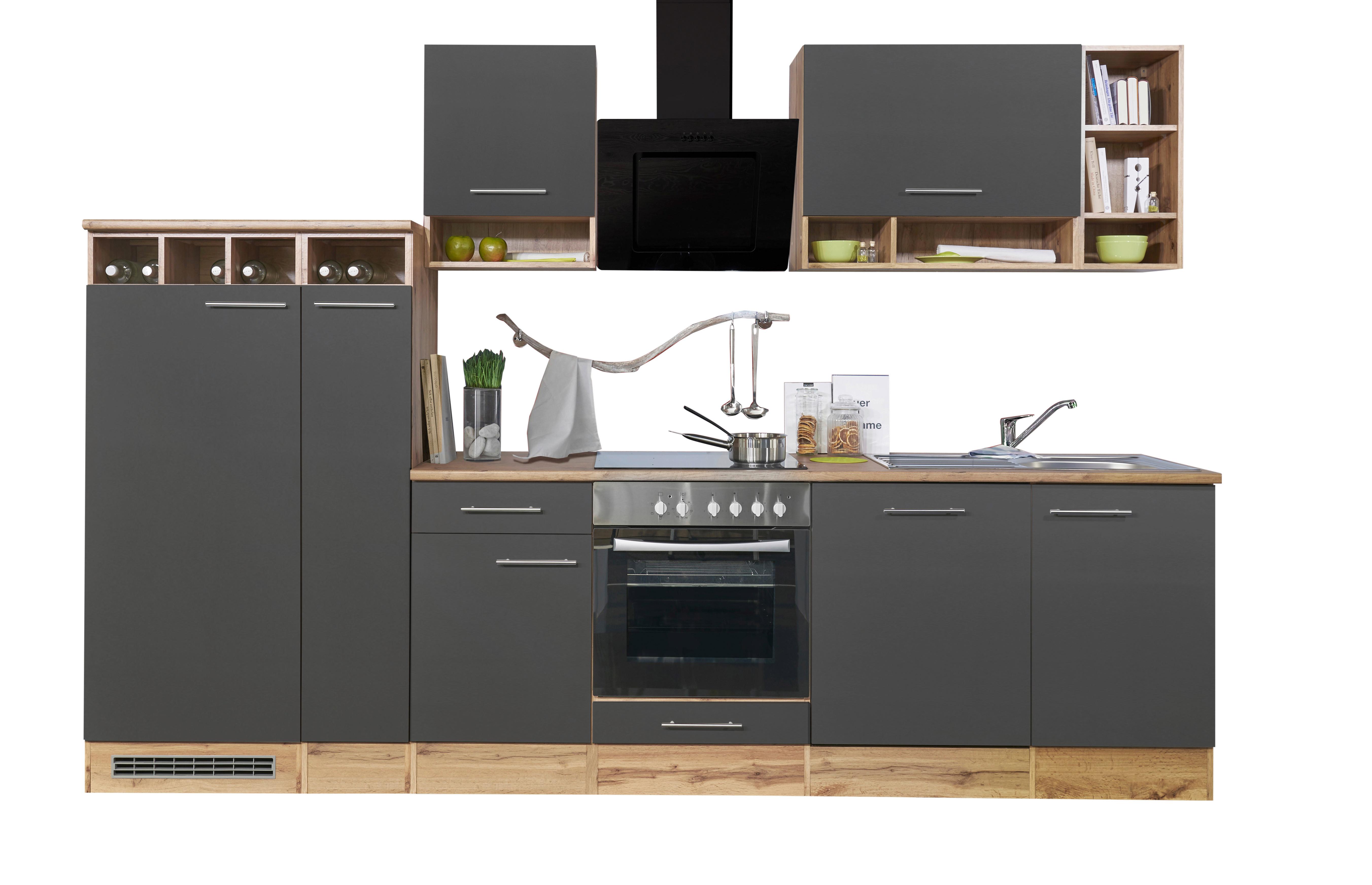Küchenzeile ohne Geräte B: 310 cm Grau/Wildeiche Dekor - Wildeiche/Grau, Basics, Holzwerkstoff (310cm) - Respekta