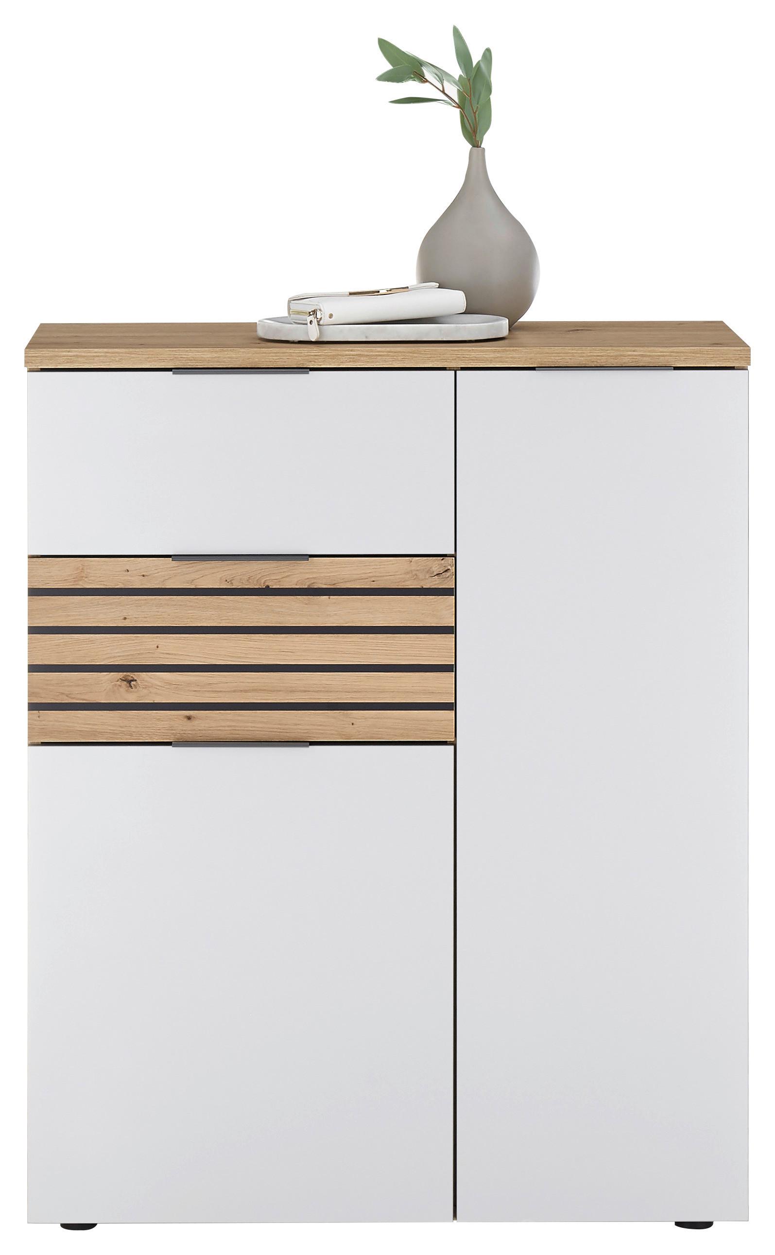 Kommode B: 85 cm Milan, Weiß/Eiche Dekor - Dunkelgrau/Silberfarben, Design, Holzwerkstoff (85/105/38cm) - MID.YOU