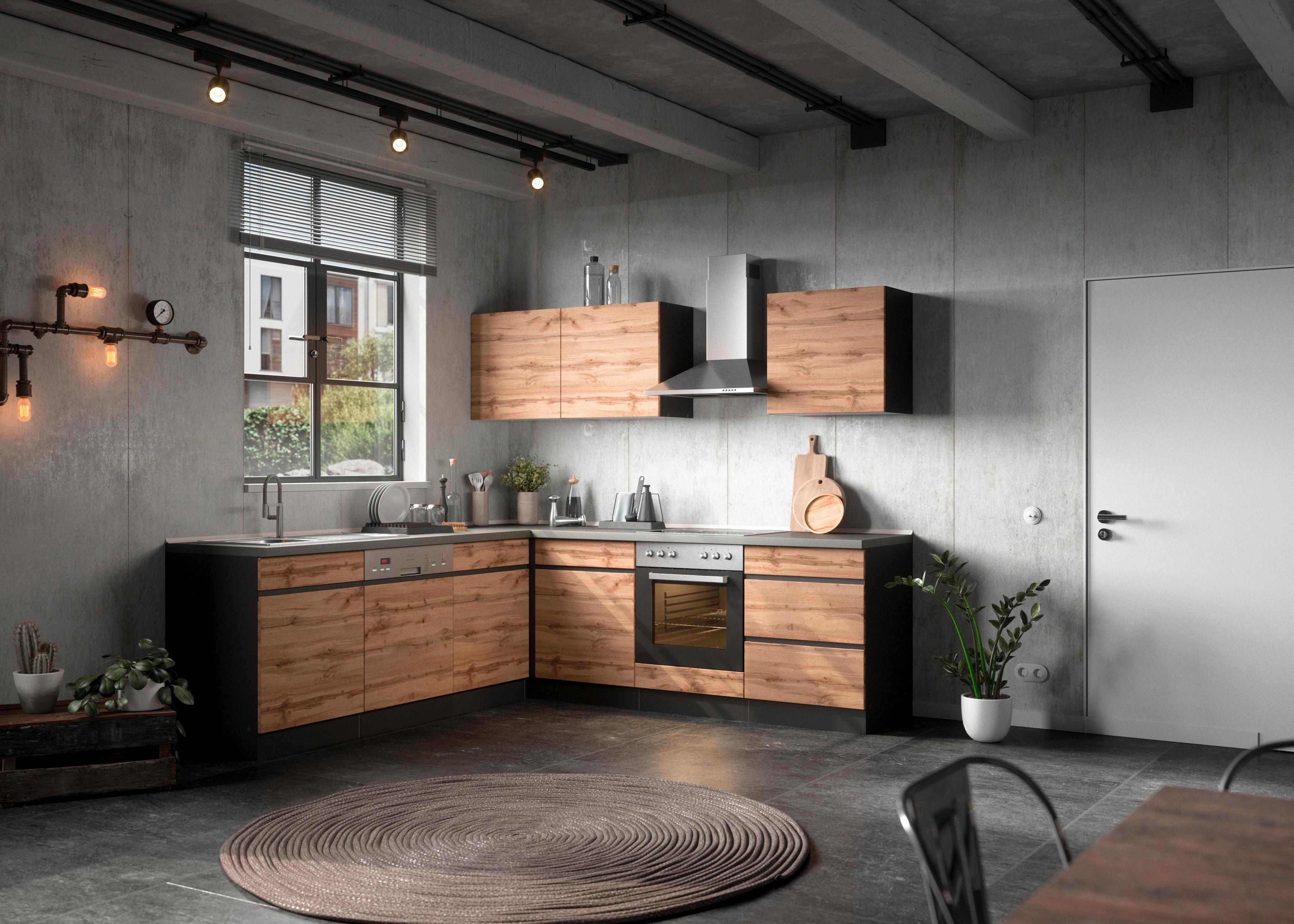 Eckküche Turin ohne Geräte 240x240 cm Graphit/Eiche Dekor - Eiche Wotan, Design, Holzwerkstoff (240/240cm) - Held