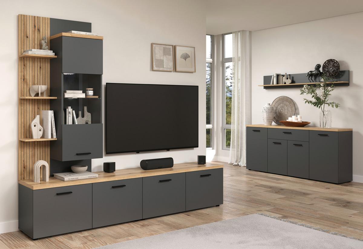 Wohnwand Baggio Anthrazit/Eiche B: 240cm - Eichefarben/Anthrazit, Design, Glas/Holzwerkstoff (240/212/40cm) - MID.YOU