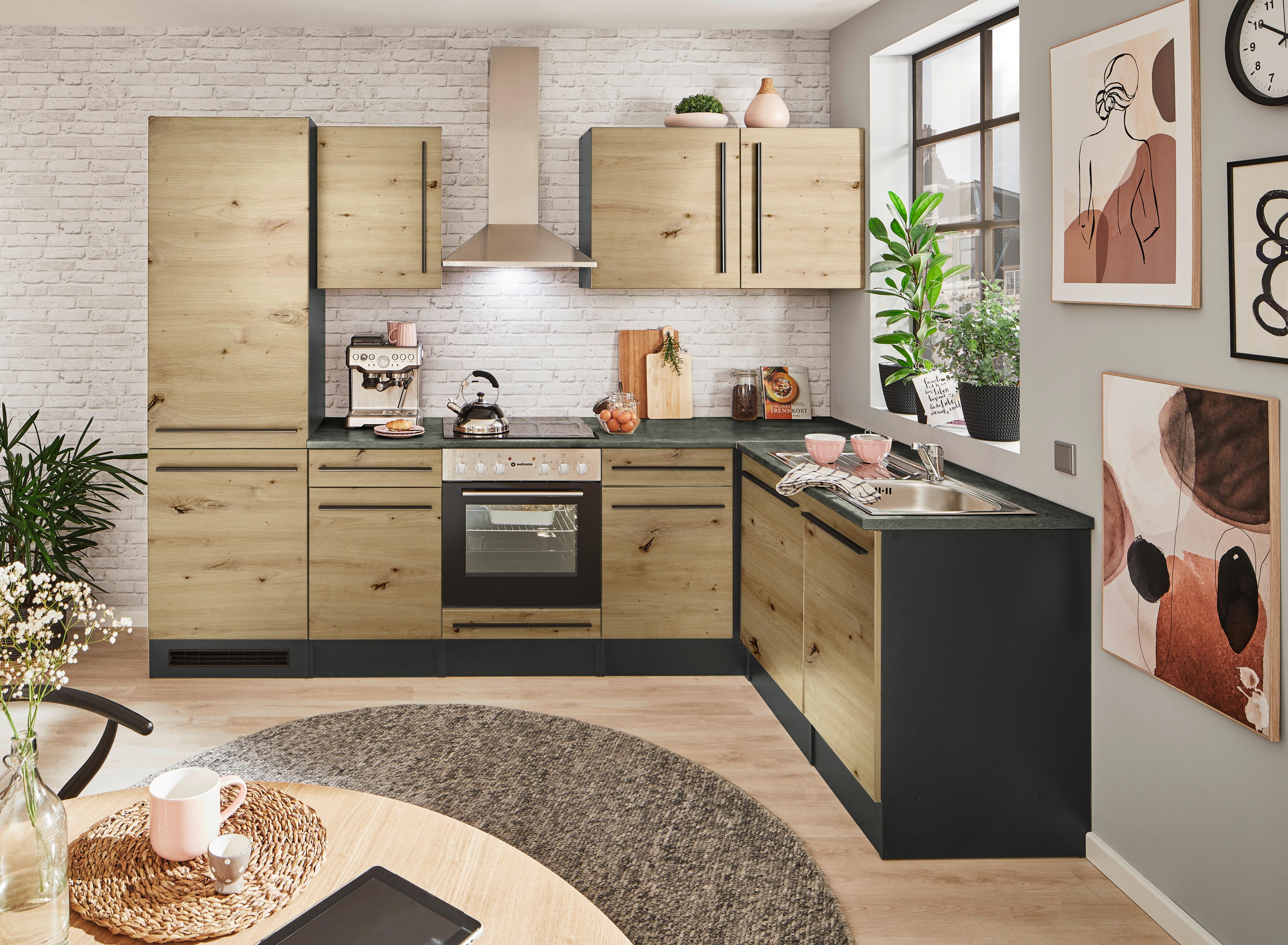 Eckküche Jazz 8 mit Geräten 280x175 Anthrazit/Eiche Dekor