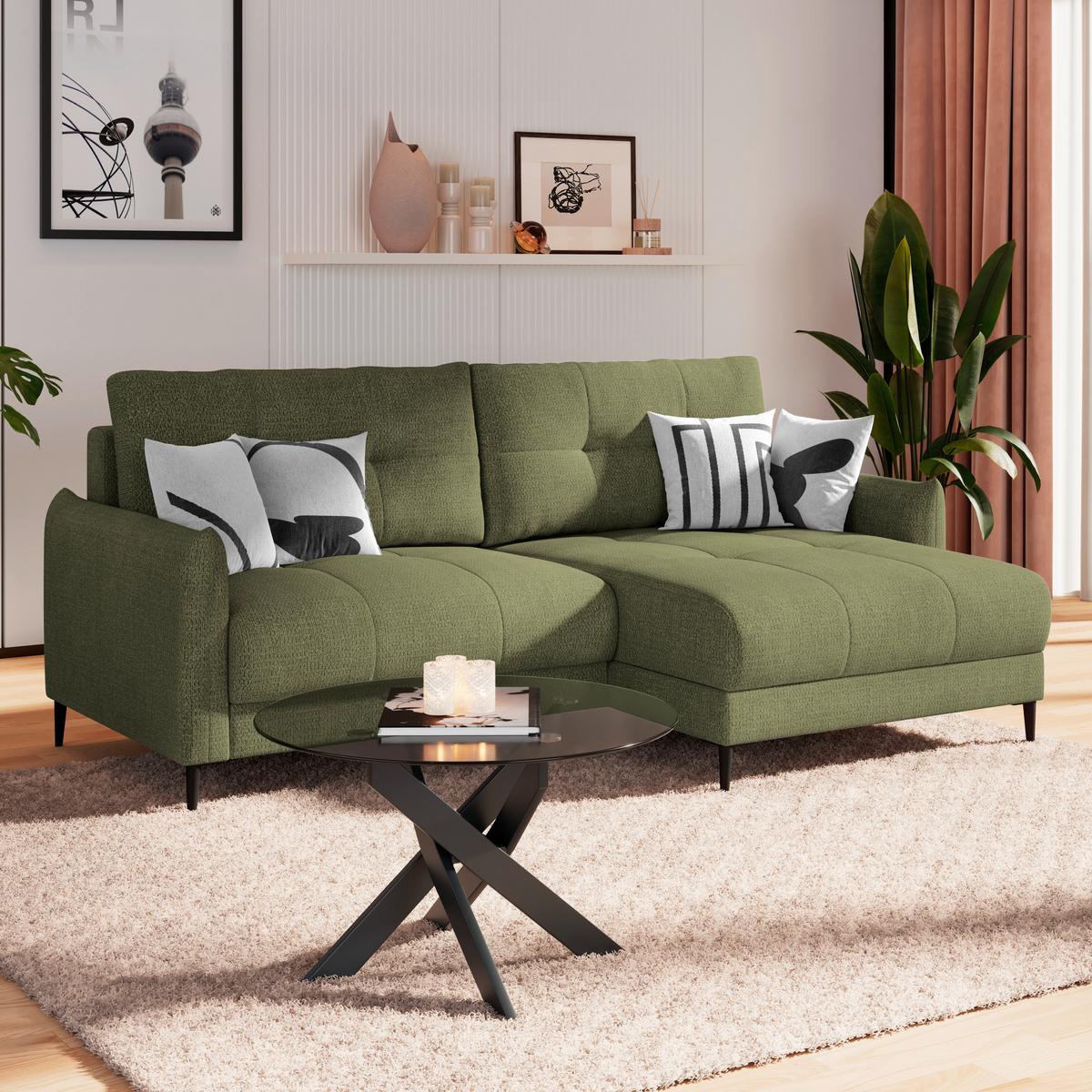 Ecksofa Polis Webstoff grün, 221x142cm - Schwarz/Grün, Trend, Textil (221/142cm) - Ondega