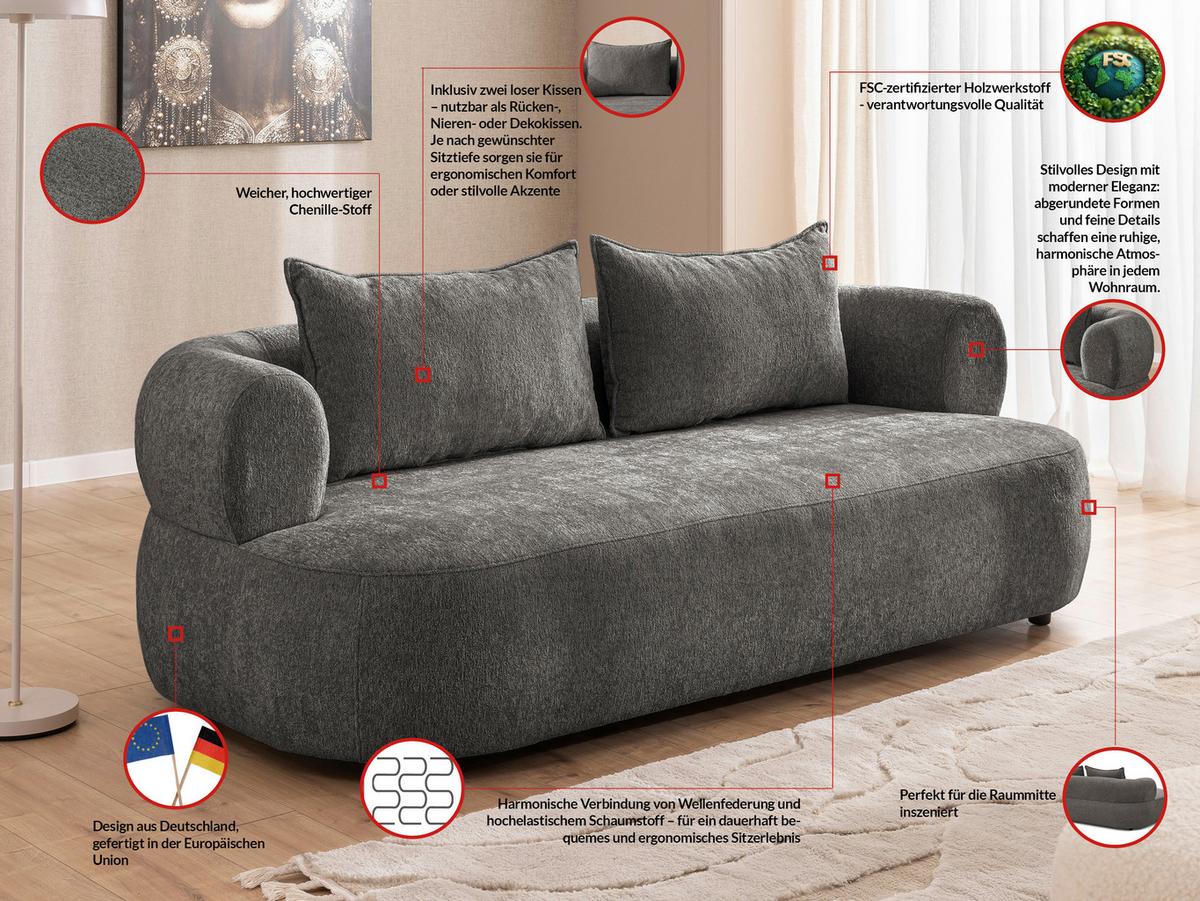 3-sitzer-sofa Ferro Anthrazit B: 200 Cm - Anthrazit/Schwarz, Design, Textil (200/76/96cm) - Livetastic