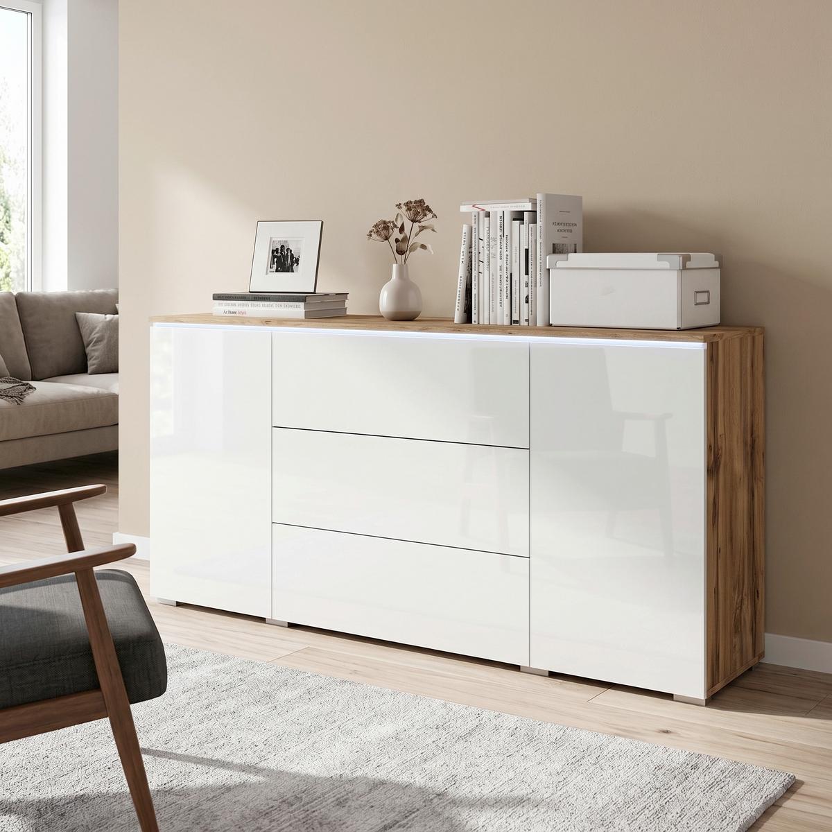 Široká komoda VERA dub/biela - sivá/biela s vysokým leskom, Lifestyle, kompozitné drevo/plast (150/67,9/39,5cm) - P & B