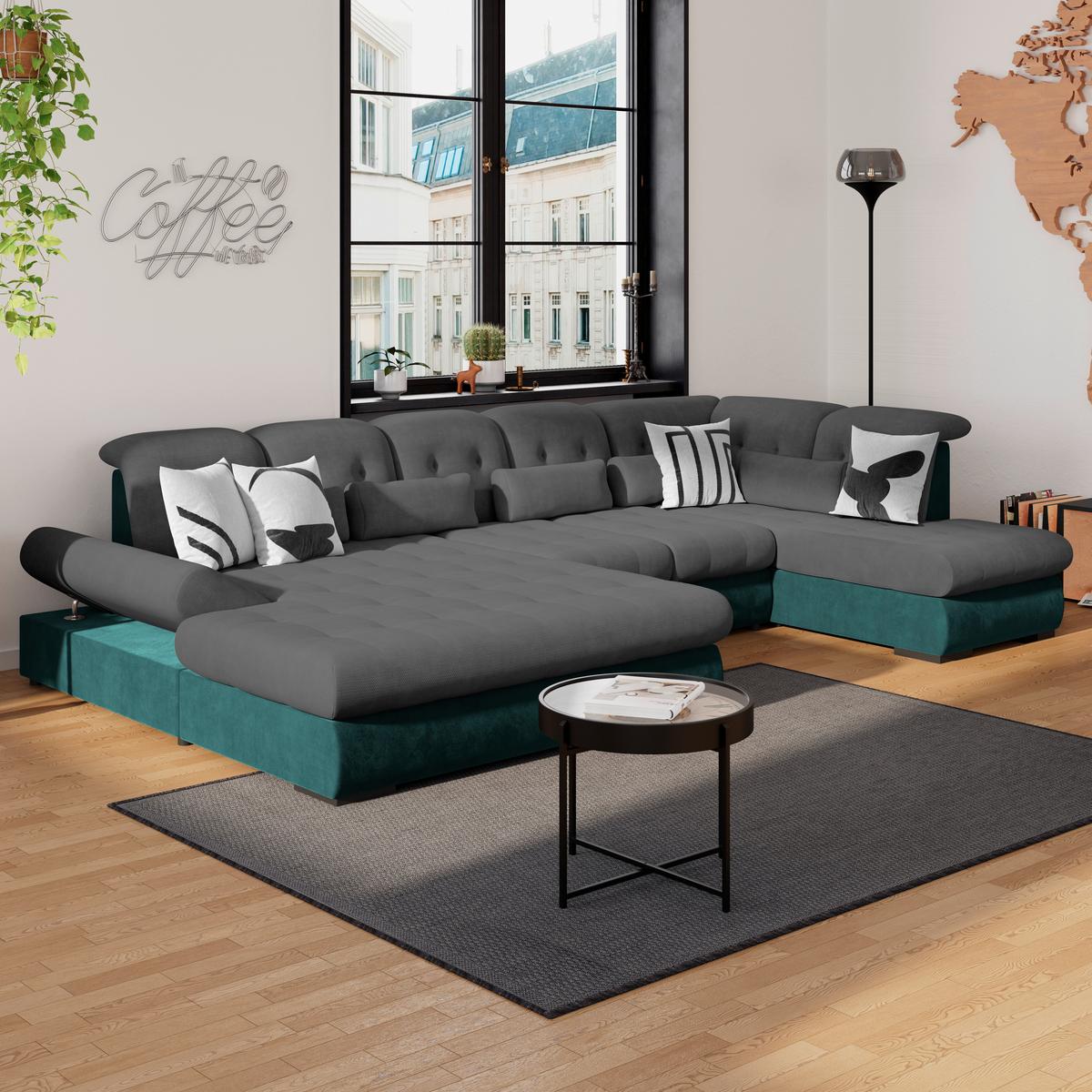 Wohnlandschaft Madera Anthrazit S: 358x212 cm - Türkis/Anthrazit, KONVENTIONELL, Kunststoff/Textil (190/358/212cm)