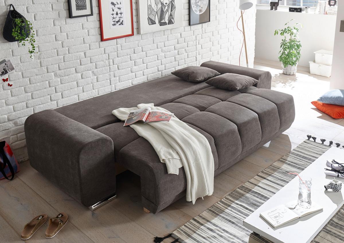 Grau-braunes Dreisitzer-Sofa mit Liegefunktion und Bettkasten