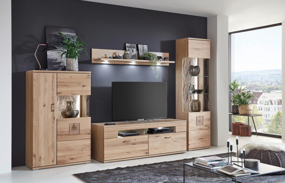 Wohnwand Kansas - Alteiche/Silberfarben, KONVENTIONELL, Glas/Holz (330/208,3/50,2cm) - Livetastic
