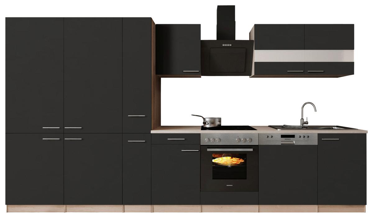 KÜCHENBLOCK Merle, Schwarz B: 370 cm - Eichefarben/Schwarz, Trend, Holzwerkstoff (370cm) - Respekta