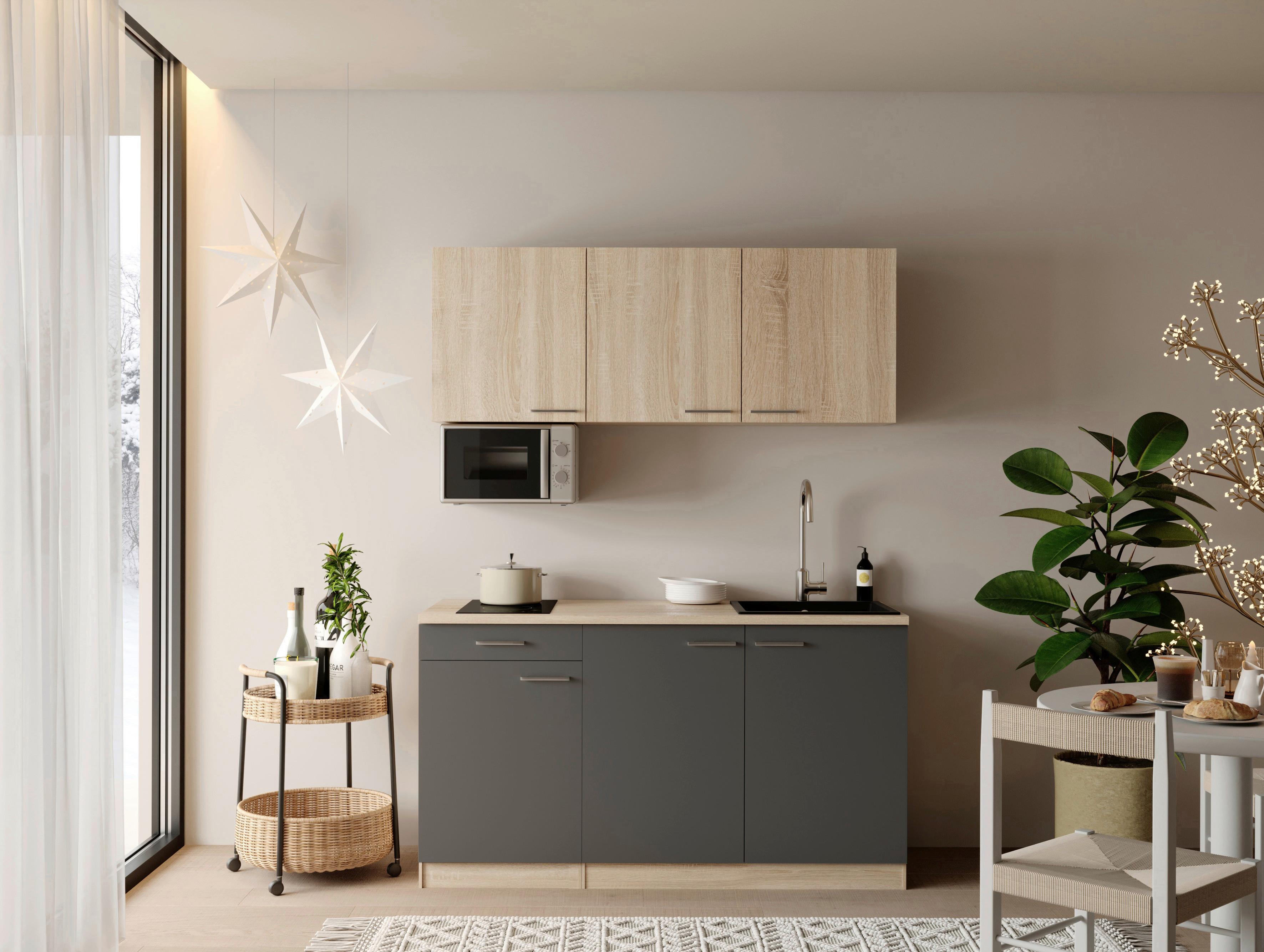 MINIKÜCHE Ingrid, Grau B: 150 cm - Eichefarben/Grau, Design, Holzwerkstoff (150cm) - Respekta