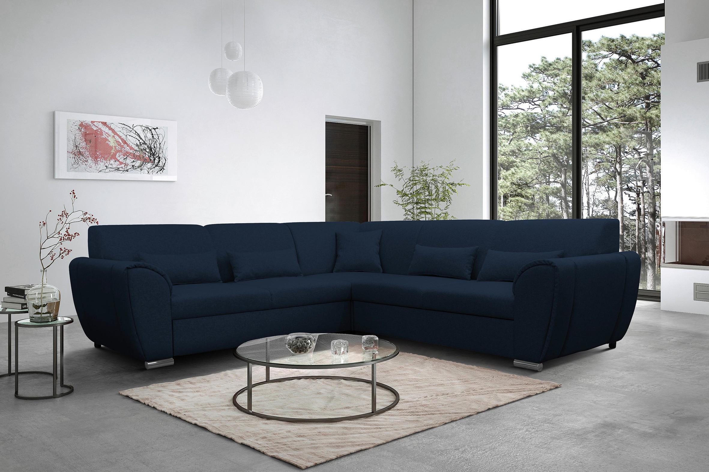 Ecksofa Delux Dunkelblau Mit Schlaffunktion Ottomane Links - Silberfarben/Dunkelblau, Design, Textil (266/266cm) - Livetastic