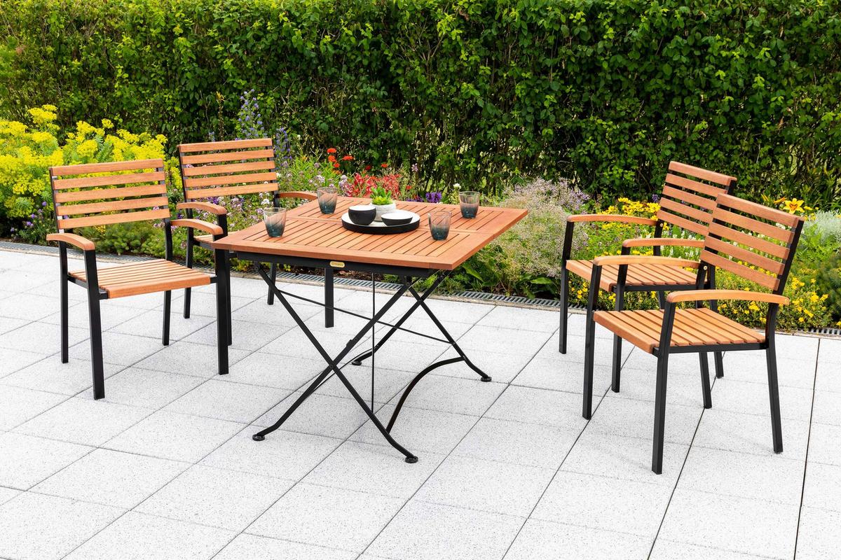 Gartentischgruppe 5tlg. Set - Schwarz/Naturfarben, KONVENTIONELL, Holz/Metall - Gardenson